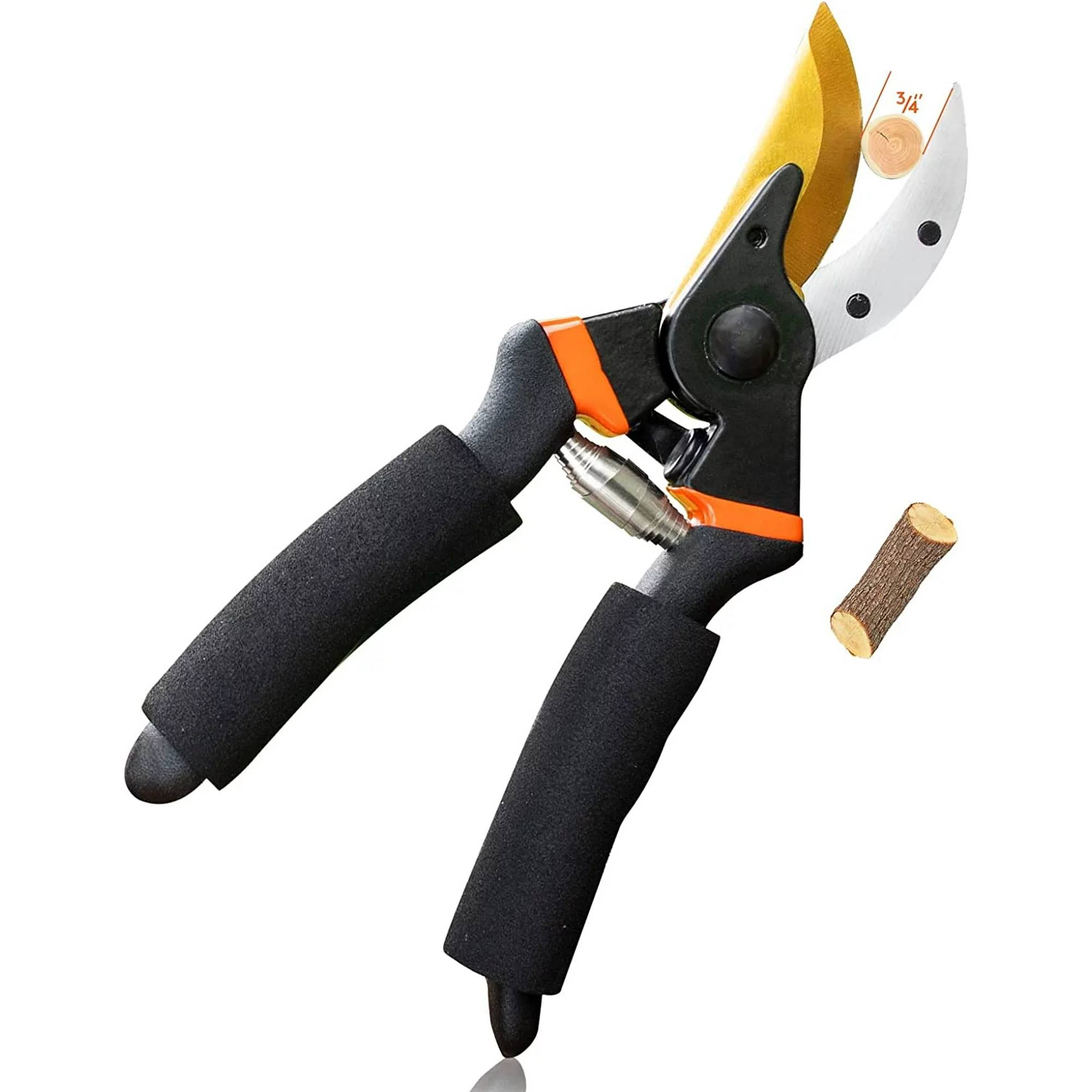 Specification：
Name: Garden tools - Pruning shears
Material: Titanium Steel + Alloy Steel
Color: Black
Size: 8.07x6.49x1.17 inch
Weight: 0.64 lb

Features:

✅These quality snips come with precision-sharpened blades and are ready to tackle all of your deadheading, trimming, and shaping needs for your roses, annuals, vegetable, bonsai and small flower gardens.

✅Low-friction coating resists rust, helps the blade glide through wood and prevents the pruner from gumming up with sap and debri.

✅Bypass blade design is ideal for pruning green, living growth like ornamental shrubs and trees.

✅Anti-slip black cushion handle. Long handle grip garden shears with shock absorbing pads. Help Reduce Repetitive Hand Motion Injuries, Hand Fatigue & Wrist Strain.

✅Ideal Versatile Gardening Trimmers for General Yard, Farm Work, Hunting, Trail riding & Multi-Purpose Intensive Pruning.