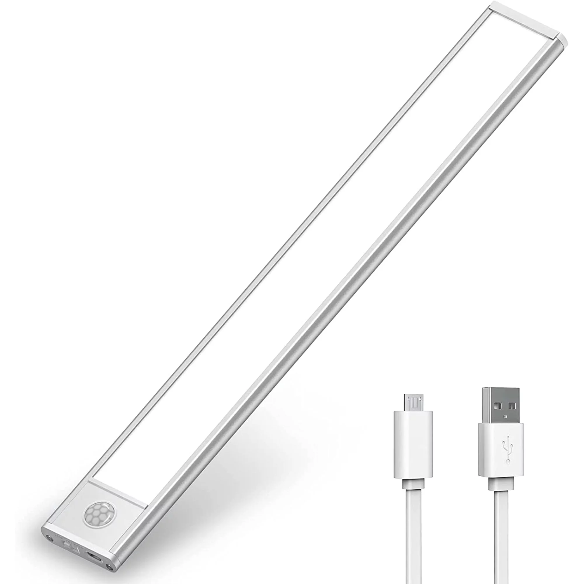 ✅✅【Motion Sensor】: This under cupboard kitchen lights have 2 working modes:
① Constant Light Mode: the under cabinet light is always on;
② Sensor Mode: when the motion sensor light detects human movement within 3-5M/120°, it will automatically light up and turn off after 20 seconds or so, which can effectively save power.

✅✅【Rechargeable LED light】: 35 LEDs under cabinet lighting with built-in 1500mAh USB rechargeable large capacity, can be charged while lighting. When fully charged, our wardrobe lights motion sensor can last 3-5 hours in constant light mode and 1-2 months in motion sensor mode.

✅✅【Easy to install】: LED motion sensor light with built-in magnet, easy to install, no tools needed for loading and unloading work. It can be sucked on the surface of any iron product and can be easily taken down at any time. Suitable for installation in workshops, bookcases, garages, hallways, sinks, laundry rooms, drawers, steps, etc.

Battery: 1500mAh rechargeable battery
Work mode: Auto (motion + daylight sensor) | Always ON | Always OFF
Number of lamp beads: 35pcs
Special feature: Motion Sensor
Input voltage: 5V
Max. Luminous: ≥65 Lumen
Color Temperature: 6500K
Long：30cm
Drive : LED