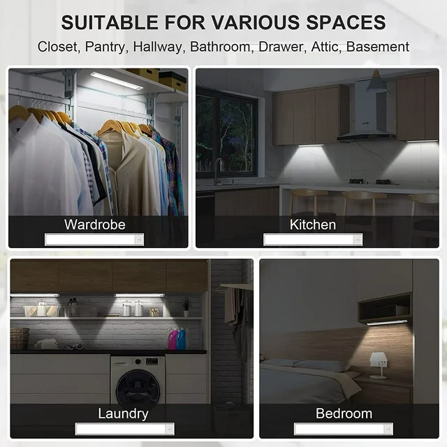 ✅✅【Motion Sensor】: This under cupboard kitchen lights have 2 working modes:
① Constant Light Mode: the under cabinet light is always on;
② Sensor Mode: when the motion sensor light detects human movement within 3-5M/120°, it will automatically light up and turn off after 20 seconds or so, which can effectively save power.

✅✅【Rechargeable LED light】: 35 LEDs under cabinet lighting with built-in 1500mAh USB rechargeable large capacity, can be charged while lighting. When fully charged, our wardrobe lights motion sensor can last 3-5 hours in constant light mode and 1-2 months in motion sensor mode.

✅✅【Easy to install】: LED motion sensor light with built-in magnet, easy to install, no tools needed for loading and unloading work. It can be sucked on the surface of any iron product and can be easily taken down at any time. Suitable for installation in workshops, bookcases, garages, hallways, sinks, laundry rooms, drawers, steps, etc.

Battery: 1500mAh rechargeable battery
Work mode: Auto (motion + daylight sensor) | Always ON | Always OFF
Number of lamp beads: 35pcs
Special feature: Motion Sensor
Input voltage: 5V
Max. Luminous: ≥65 Lumen
Color Temperature: 6500K
Long：30cm
Drive : LED
