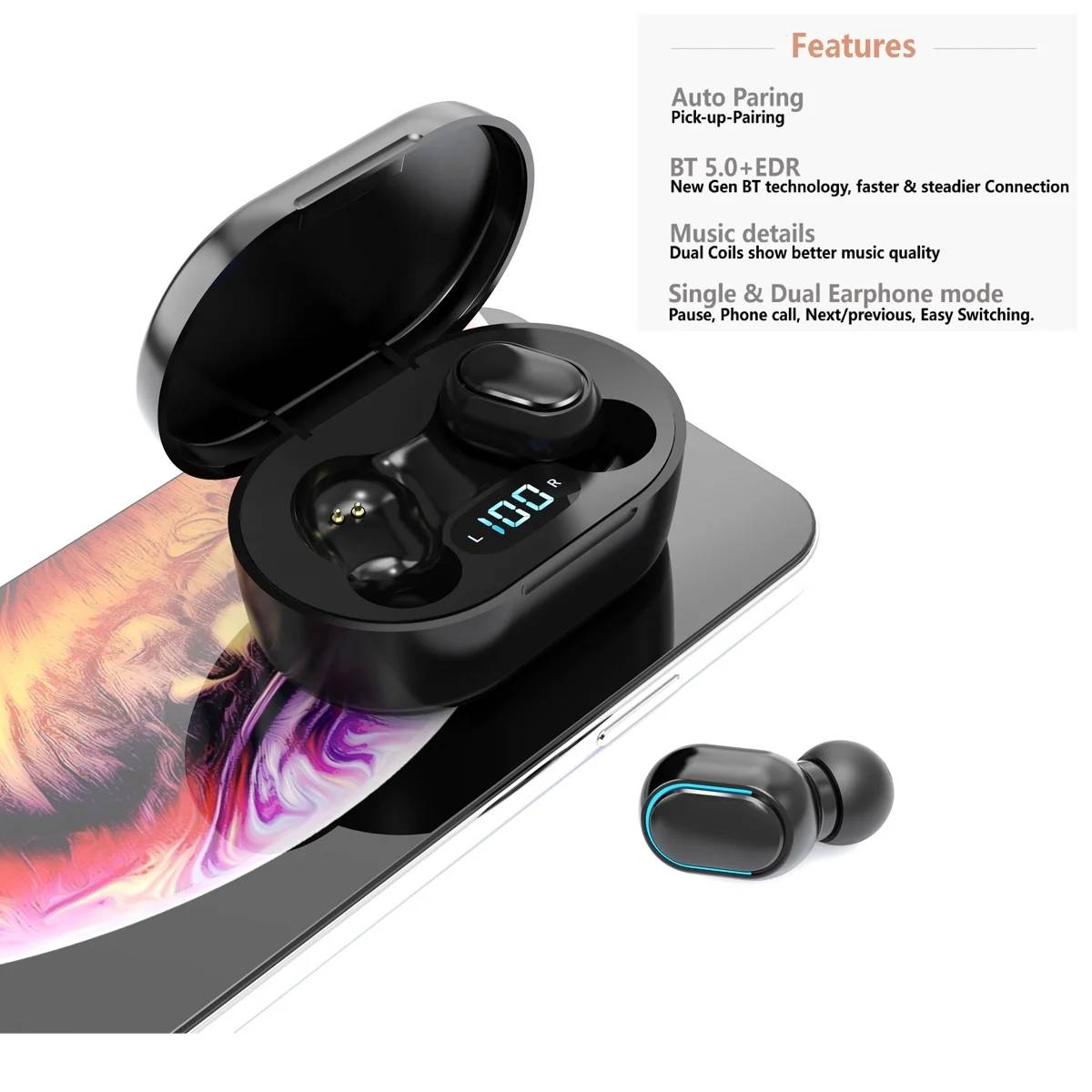 True wireless earbuds, your ideal companion for sports, gaming.

✅ Hi-Fi Stereo Sound Quality
♬♬ Bluetooth earbuds with advanced Bluetooth V5.0 transmission technology brings you the equal high quality sound effect of a cord headphone, which can provide deep and powerful bass and balanced audio clarity. Built-in microphones support phone calls, you can enjoy fantastic music with your friends while walking, exercising, reading.

✅ 12H Play Time with Charging Case
♬♬ Wireless headphones can last for 4 hours on a single charge. The charging case can charge the two earbuds for 3 times. So the two earbuds can last up to 12 hours. With Type-C quick charge, bluetooth earphones only takes 40min to fully charge the case.

✅ Quick Pairing
♬♬ Simply take 2 headsets out from the charging case, and they will connect each other automatically and then only one step easily enter smartphone to pair the earbuds.

✅ Secure Fit, IPX5 Waterproof
♬♬ Ergonomic design and IPX5 Waterproof technology makes it ideal for outdoor activities and casual sports. ensure your headphones stay snug fatigue free and tangle free for prolonged enjoyment.

Specifications:
Bluetooth Version: V5.0+EDR
Playtime: 12 hours
Charging Time: about 40min
Charging Case Specs: 300mAh