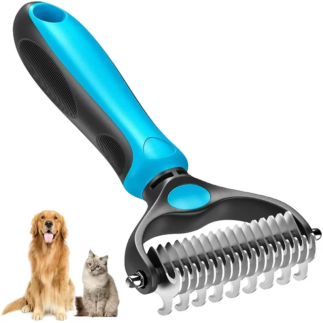 ✅✅ Pet Dematting Comb Grooming Undercoat Rake 17+9 Teeth - Double Sided Designed, weight 0.47 lb .

✅✅ You will be amazed at how much hair will come off after a single use imagine how your dog will love the new healthy and shiny coat after having a grooming session with our grooming tool. Our undercoat rake dramatically reduces shedding by up to 90% after just 1 short session. Perfect for matted, heavy shedding undercoats and extra fur. This is the perfect pet brush for daily deshedding.

✅✅ Benefits from our grooming brush: Multi-purpose grooming tool - dual head design -the 9 teeth dematting side is perfect for removing mats, tangles, and knots, and the 17 teeth deshedding side is best suited for thinning and de-shedding loose hair. Stop pulling the hair out - slightly sharpened blades smoothly cut through the toughest mats. Reduce shedding regular brushing removes excess dead hair from your pet's undercoat, leaving you a clean and hair-free home. Safe for your furry friends - rounded ends teeth do not scratch or irritate the skin. Our dematting comb will leave your pet’s fur sleek, shiny and healthy, perfect for dogs, cats, horses, and rabbits with short, medium, and long coats.

✅✅ Tips for Achieving the Best Grooming Results:
. Use the 9-teeth side to go over the coat a few times, until you’re pulling out less and less hair from the brush;
. Comb with the 17-teeth side to thin and de-shed undercoat and remove more loose hair;
. Pick out the small tangles or mats with our dog metal comb that the teeth can’t get through.
