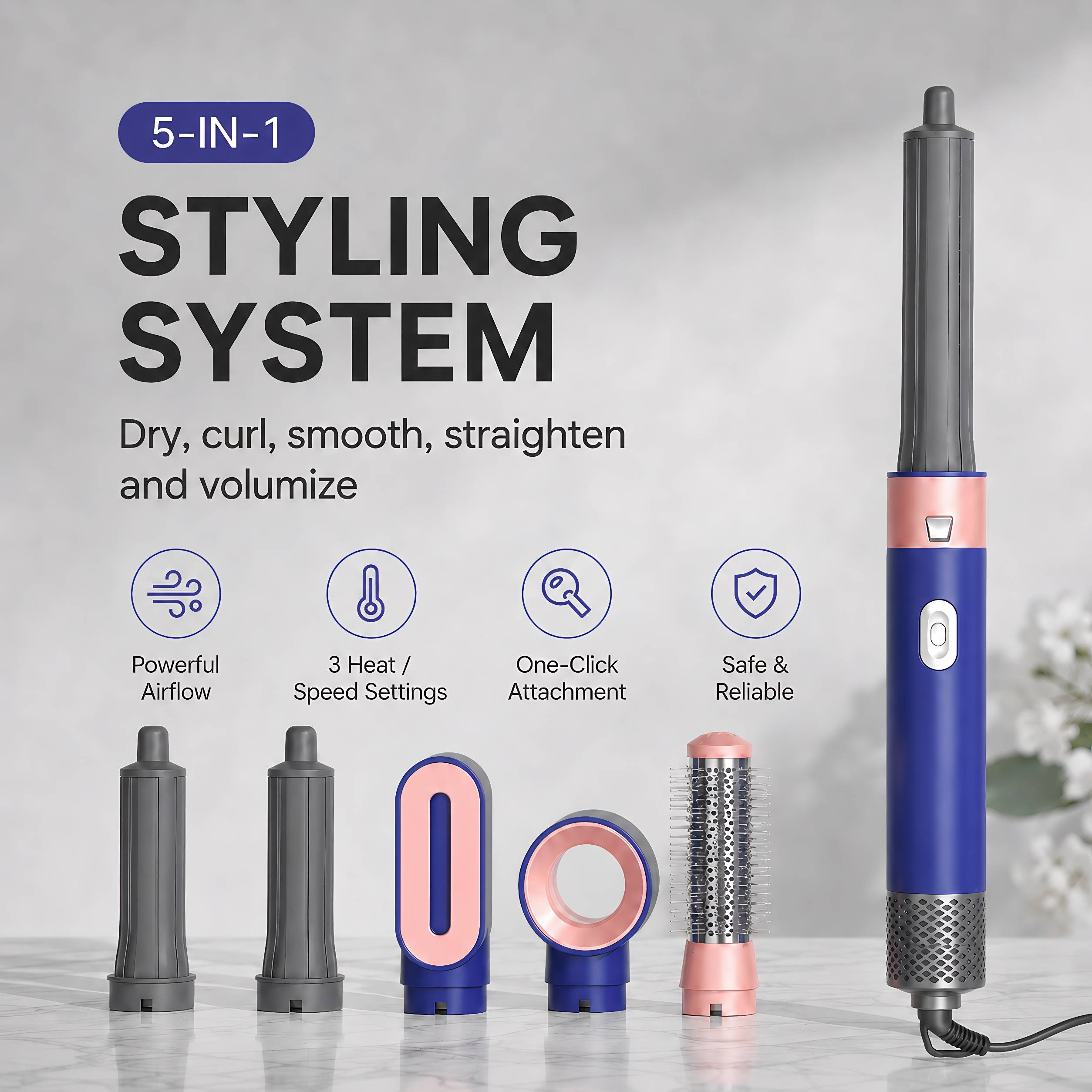 STARBIAO 5 in 1 Ionic Hair Dryer Brush Set is designed for women who want an easier way to dry, curl, smooth, straighten and add volume at home. This hot air styler includes interchangeable attachments for different daily looks, so you can move from pre drying damp hair to shaping soft curls, smoothing flyaways or adding lift with one compact styling tool. The air curlers use warm airflow to help create loose waves and natural looking curls, while the dryer brush and smoothing brush help shape hair for a polished everyday finish. Ionic airflow helps reduce the look of frizz and static, leaving hair looking smoother, shinier and easier to manage after styling. With 3 heat and airflow settings, you can choose the right setting for your routine, whether you are getting ready for work, touching up before a night out or preparing for travel. The one click attachment release, lightweight handle and swivel cord help make daily styling more comfortable and simple.