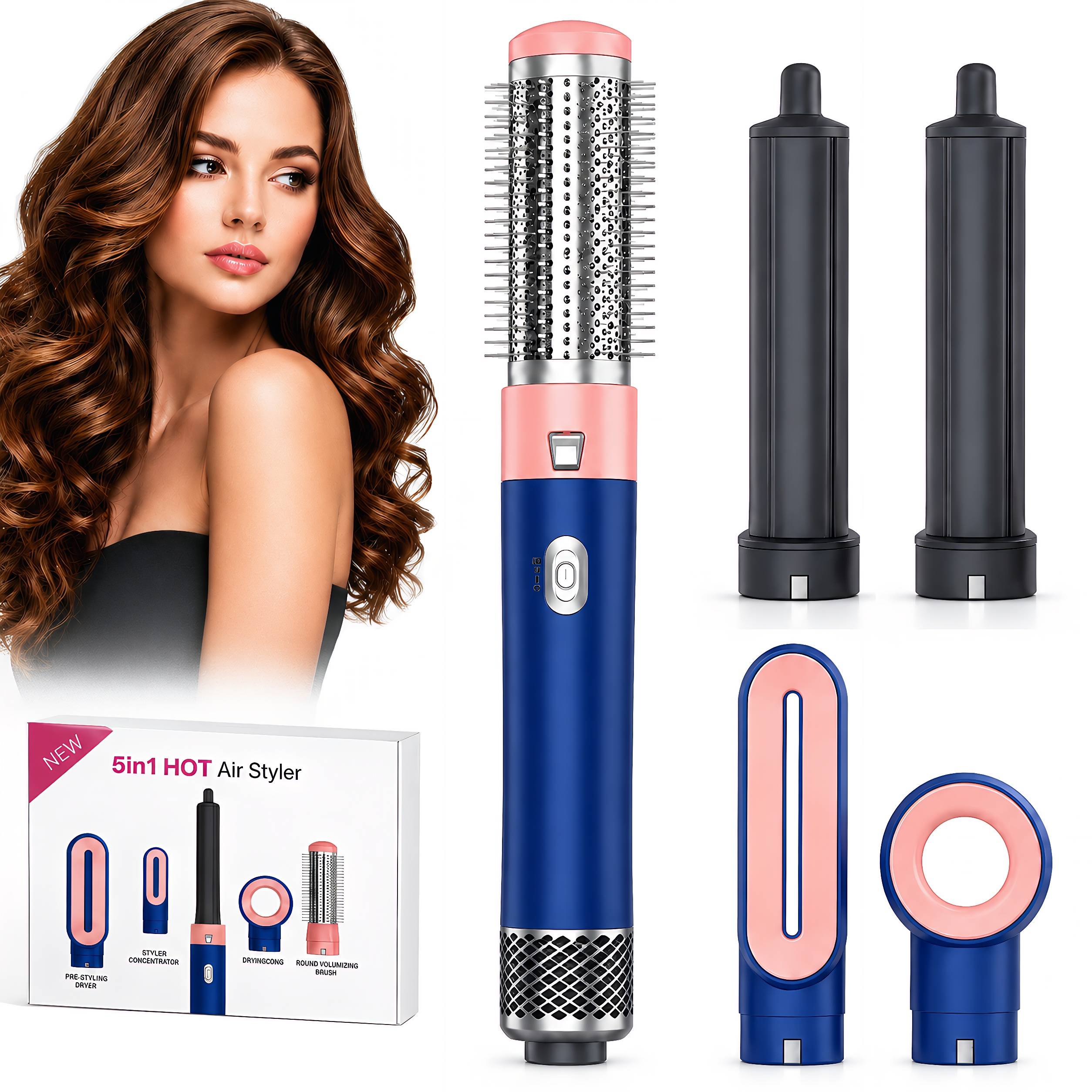 STARBIAO 5 in 1 Ionic Hair Dryer Brush Set is designed for women who want an easier way to dry, curl, smooth, straighten and add volume at home. This hot air styler includes interchangeable attachments for different daily looks, so you can move from pre drying damp hair to shaping soft curls, smoothing flyaways or adding lift with one compact styling tool. The air curlers use warm airflow to help create loose waves and natural looking curls, while the dryer brush and smoothing brush help shape hair for a polished everyday finish. Ionic airflow helps reduce the look of frizz and static, leaving hair looking smoother, shinier and easier to manage after styling. With 3 heat and airflow settings, you can choose the right setting for your routine, whether you are getting ready for work, touching up before a night out or preparing for travel. The one click attachment release, lightweight handle and swivel cord help make daily styling more comfortable and simple.