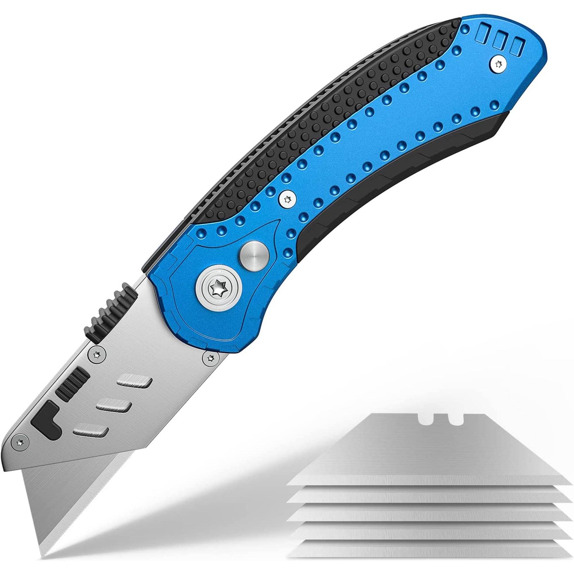 ✅ Delpattern Utility Knife:
1. Easy to use and handle.
2. Quick blade change.
3. The lock design ensures safety.
4. Ergonomic design and non-slip grip.
5. Set includes 5 heavy duty steel blades.

✅ Folding utility knife bright colors for you with mavericks and strong characters.The whole body is made of aluminum and 3Cr13 stainless steel, the surface is polished to ensure smoothness and friction to prevent hand slipping.
✅ Advantage:good hardness,not easy to break,good stability,good hardness and more powerful to cut like paper,tape,plastic,cardboard,photos,coupons,cardstock,mat board,foam board,fabric,craft or post packages.
✅ Our heavy duty utility knife is built to last. It can be used for various different jobs you may need to get done. It cuts through paper, carpet, plastic, cardboard, fabric, bags, leather, PVC, drywall and more. Get more work done with our durable utility knife.