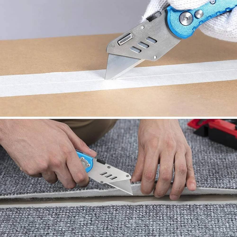 ✅ Delpattern Utility Knife:
1. Easy to use and handle.
2. Quick blade change.
3. The lock design ensures safety.
4. Ergonomic design and non-slip grip.
5. Set includes 5 heavy duty steel blades.

✅ Folding utility knife bright colors for you with mavericks and strong characters.The whole body is made of aluminum and 3Cr13 stainless steel, the surface is polished to ensure smoothness and friction to prevent hand slipping.
✅ Advantage:good hardness,not easy to break,good stability,good hardness and more powerful to cut like paper,tape,plastic,cardboard,photos,coupons,cardstock,mat board,foam board,fabric,craft or post packages.
✅ Our heavy duty utility knife is built to last. It can be used for various different jobs you may need to get done. It cuts through paper, carpet, plastic, cardboard, fabric, bags, leather, PVC, drywall and more. Get more work done with our durable utility knife.