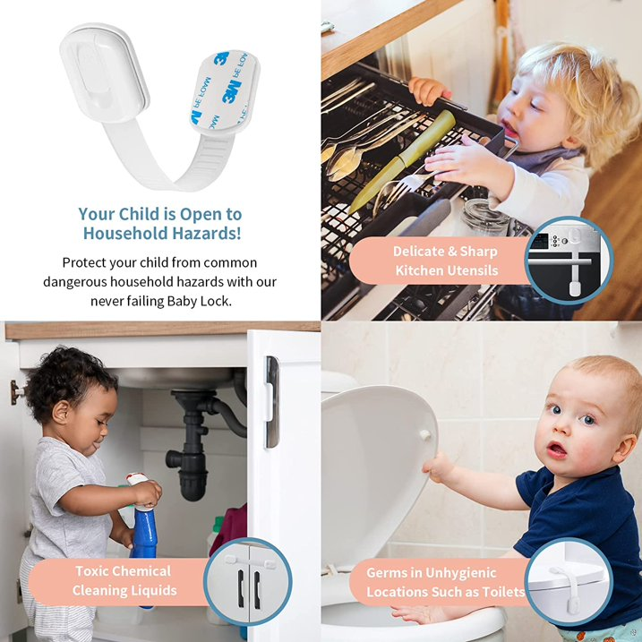 Keep your home safe for little ones with these Child Safety Strap Locks for Toilet, Fridge, and Dishwasher by it. They're adjustable and designed to fit most appliances and furniture. The drawer safety straps use. a 3M adhesive for secure and easy installation and require no tools or screws. They can help young children access cabinets, ovens, washer machines, closets, and waste bins.

. It Products Child Safety Strap Locks (6 Pack) For Toilet, Fridge, Cabinets, Drawers, Dishwasher, 3M Adhesive No Drilling.
. Adjustable locks for baby safety
. Can adjust from 3" to 7"
. Designed to fit most appliances and furniture
. Flexible straps do not need tools or screws
. Prevent young children from accessing cabinets, ovens, washer machines, closets, and waste bins
. Pack of 4 cabinet straps