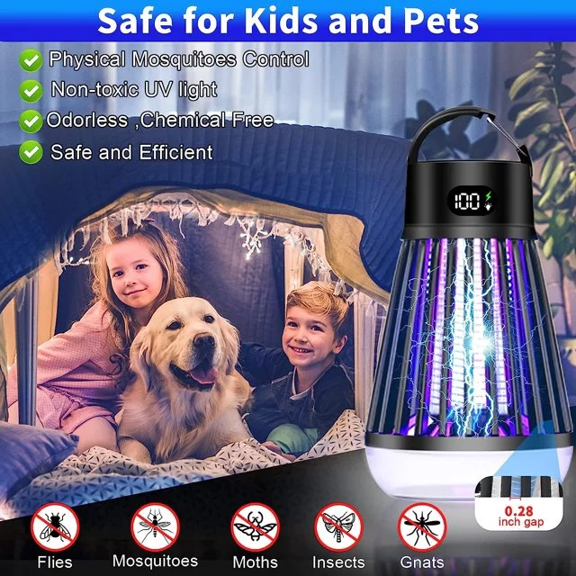 ✅【Electronic Insect Killer】: Equipped powerful instant 2000 Volt high voltage grid, kill any bug in a flash, also with high-intensity ultraviolet lamp, the Electric Bug Zapper can release 363+395+410nm specific wavelength to attract mosquitoes, gnats, aedes mosquitoes, flies, moths and other most insects. When the insect near the fly trap, electric bug zapper will kill the insect with high voltage grid.

✅【Rechargeable, Waterproof, Electricity digital display】: Built-in rechargeable 2000MAH batteries and 12 LED lights, IPX5 level Waterproof, Insect killer can be used Indoor & Outdoor, no matter the weather like, sunny or rain, just put or hang the electric mosquito zappers killer in the place you like, and then turn it on, take back your home from annoying flying insects and zap your bug problems away. It also can be a camping light, which is multifunction.

✅【Safe For Humans And Pets, Easy to Clean】: No bug spray, no insect repellent, No used any chemicals, harmless to the human body. Electronic insect trap includes a durable safety guard that prevents children, pets, and wildlife from contacting the charged grids. Our mosquito killer lamp has a hidden tray for the dead flies in the bottom of the device. To clean it up, simply remove the tray and clean it up with a brush or flush with warm water. Fast and effective!

✅ Note: Please turn it on 30-60 minutes before bedtime will have the best effect.

Packing list:
1x Multifunctional Mosquito killer
1x Charge cable
1x Clean brush
1x Manual