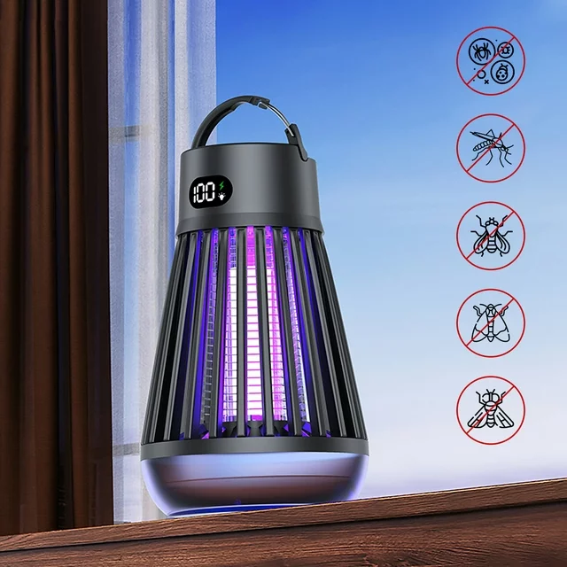 ✅【Electronic Insect Killer】: Equipped powerful instant 2000 Volt high voltage grid, kill any bug in a flash, also with high-intensity ultraviolet lamp, the Electric Bug Zapper can release 363+395+410nm specific wavelength to attract mosquitoes, gnats, aedes mosquitoes, flies, moths and other most insects. When the insect near the fly trap, electric bug zapper will kill the insect with high voltage grid.

✅【Rechargeable, Waterproof, Electricity digital display】: Built-in rechargeable 2000MAH batteries and 12 LED lights, IPX5 level Waterproof, Insect killer can be used Indoor & Outdoor, no matter the weather like, sunny or rain, just put or hang the electric mosquito zappers killer in the place you like, and then turn it on, take back your home from annoying flying insects and zap your bug problems away. It also can be a camping light, which is multifunction.

✅【Safe For Humans And Pets, Easy to Clean】: No bug spray, no insect repellent, No used any chemicals, harmless to the human body. Electronic insect trap includes a durable safety guard that prevents children, pets, and wildlife from contacting the charged grids. Our mosquito killer lamp has a hidden tray for the dead flies in the bottom of the device. To clean it up, simply remove the tray and clean it up with a brush or flush with warm water. Fast and effective!

✅ Note: Please turn it on 30-60 minutes before bedtime will have the best effect.

Packing list:
1x Multifunctional Mosquito killer
1x Charge cable
1x Clean brush
1x Manual