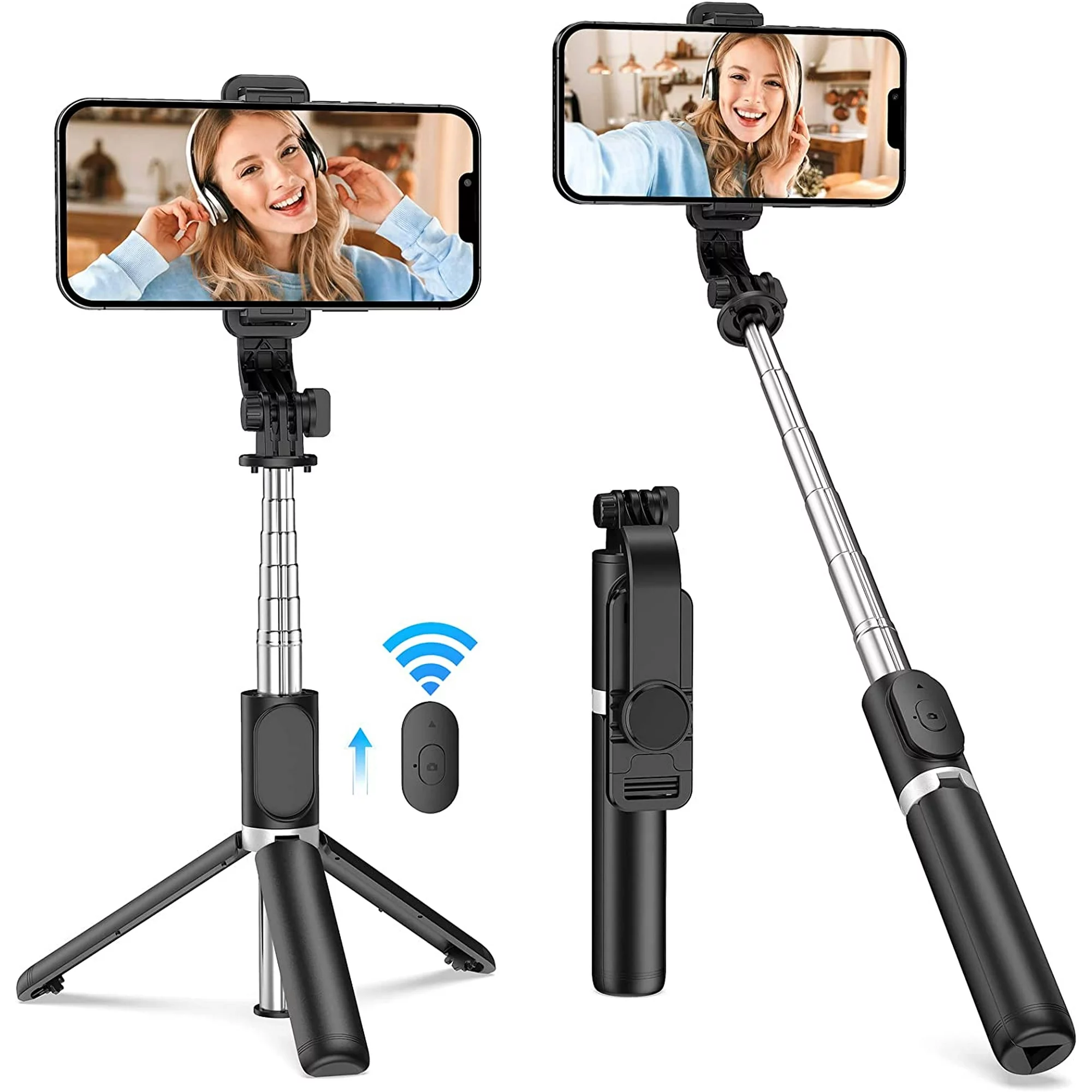 Selfie Stick for iphone, extendable tripod for phone with detachable bluetooth shutter remote compatible with iPhone and Android Smartphone, Black.

Feature:
1. Multi-angle shot with vertical shooting at 90 degrees. This smartphone tripod helps to capture clean shots from any angle even in the move.
2. Compatible for iPhone Android smartphones.
3. Table tripod, ground top tripod and selfie stick function. The ball head makes positioning and straightening devices easy.
4. Height adjustable from 11 inch to 39.4 inch.
5. Bluetooth shutter release. Range: 33ft.

Specifications
Product Name: Selfie Stick
Material:Aluminum
Weight:155g
Packing size: 7.67 inch
Maximum Elongated Length: 39.4 inch
Length in Folded Form: 11 inch
Remote Control:Yes
Bluetooth:For iOS and Android 4.3 and above.

Package Included
1 x Tripod
1 x Bluetooth Shutter Remote
1 x User Manual
1 x Button Batteries