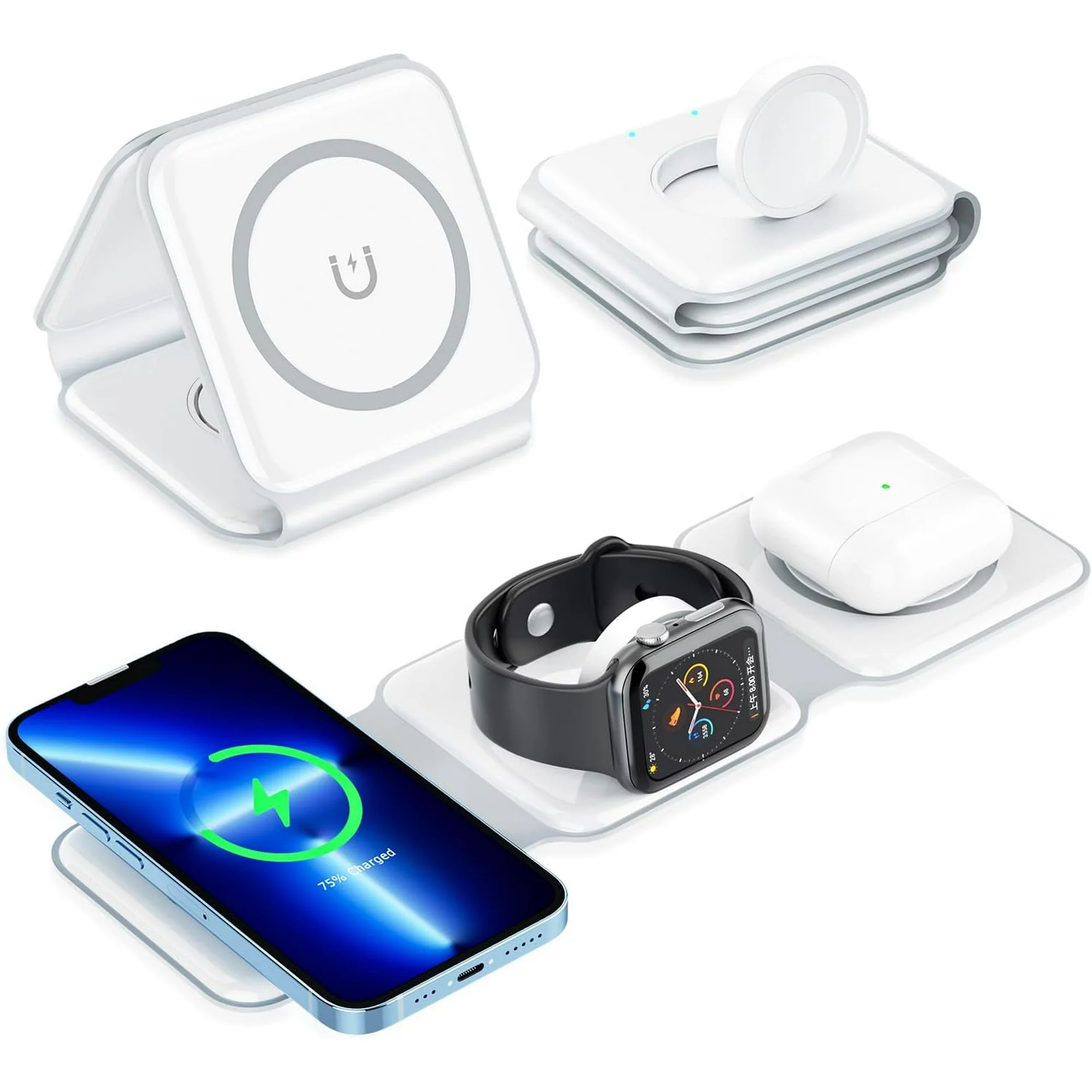 Juyafio 3 in 1 Charging Station Magnetic Wireless Charger for Multiple Devices Foldable Charger Stand for iPhone 14 13 12 11/Pro/XS/XR,AirPods 3/2/Pro,iWatch 7/6/5/4/3/2, White

Why choose the Juyafio White 3-in-1 Foldable Wireless Charger?
1. It combines the advantages of wireless charging and avoids some shortcomings in function and volume. Therefore, this magnetic folding charger can be bought and used with confidence!
2. IDEAL SIZE, SMALL AND LIGHTWEIGHT, MULTI-DIMENSIONAL USE, EFFICIENT AND CONVENIENT, SAFETY PROTECTION. Use it to charge your iPhone, iWatch and AirPods. It will be the best choice for daily use and travel.

Kind regards:
1. Please make sure your device supports wireless charging before use.
2. Please avoid charging with case thickness more than > 2MM.
3. If the working temperature exceeds 122°F, charging will be interrupted to avoid damage to the devices.