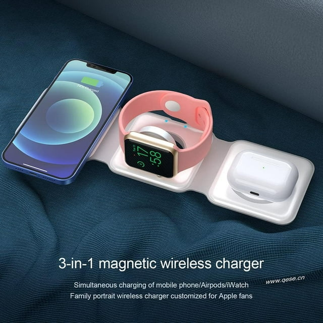 Juyafio 3 in 1 Charging Station Magnetic Wireless Charger for Multiple Devices Foldable Charger Stand for iPhone 14 13 12 11/Pro/XS/XR,AirPods 3/2/Pro,iWatch 7/6/5/4/3/2, White

Why choose the Juyafio White 3-in-1 Foldable Wireless Charger?
1. It combines the advantages of wireless charging and avoids some shortcomings in function and volume. Therefore, this magnetic folding charger can be bought and used with confidence!
2. IDEAL SIZE, SMALL AND LIGHTWEIGHT, MULTI-DIMENSIONAL USE, EFFICIENT AND CONVENIENT, SAFETY PROTECTION. Use it to charge your iPhone, iWatch and AirPods. It will be the best choice for daily use and travel.

Kind regards:
1. Please make sure your device supports wireless charging before use.
2. Please avoid charging with case thickness more than > 2MM.
3. If the working temperature exceeds 122°F, charging will be interrupted to avoid damage to the devices.