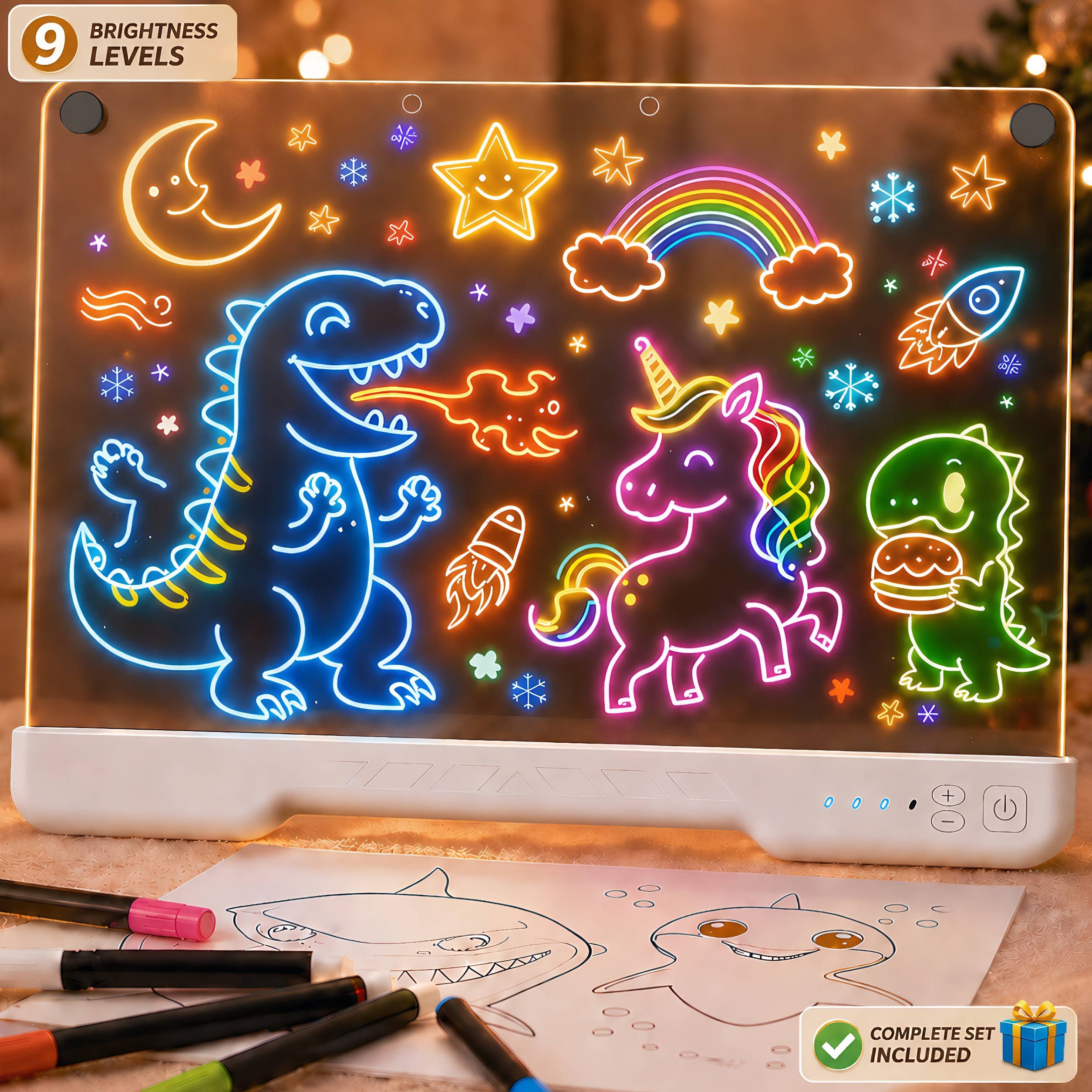 Turn everyday notes and drawings into glowing creativity with the STARBIAO LED Drawing Board. Designed for both fun and practical use, this upgraded light-up acrylic board features 10 color modes and 9 adjustable brightness levels, giving you more control than standard glow boards. Easily switch from a soft, calming glow for bedtime or room decor to brighter, eye-catching lighting for drawings, reminders, and messages. The large 16" writing surface provides plenty of space for kids’ drawings, daily schedules, to-do lists, and family messages. The smooth acrylic surface writes easily and wipes clean with no messy residue, making it perfect for repeated use at home, school, or the office. With a built-in rechargeable battery, this board offers 6–8 hours of cordless use, allowing you to place it anywhere without being limited by cables. The stable stand design keeps it securely positioned on desks, counters, or tables, while the lightweight build makes it easy to move between rooms. Unlike basic drawing boards, this all-in-one set includes everything you need to start right away—no extra purchases required. Whether used as a fun kids’ toy, a daily reminder board, or a decorative light display, it’s a simple way to bring creativity and organization into any space.