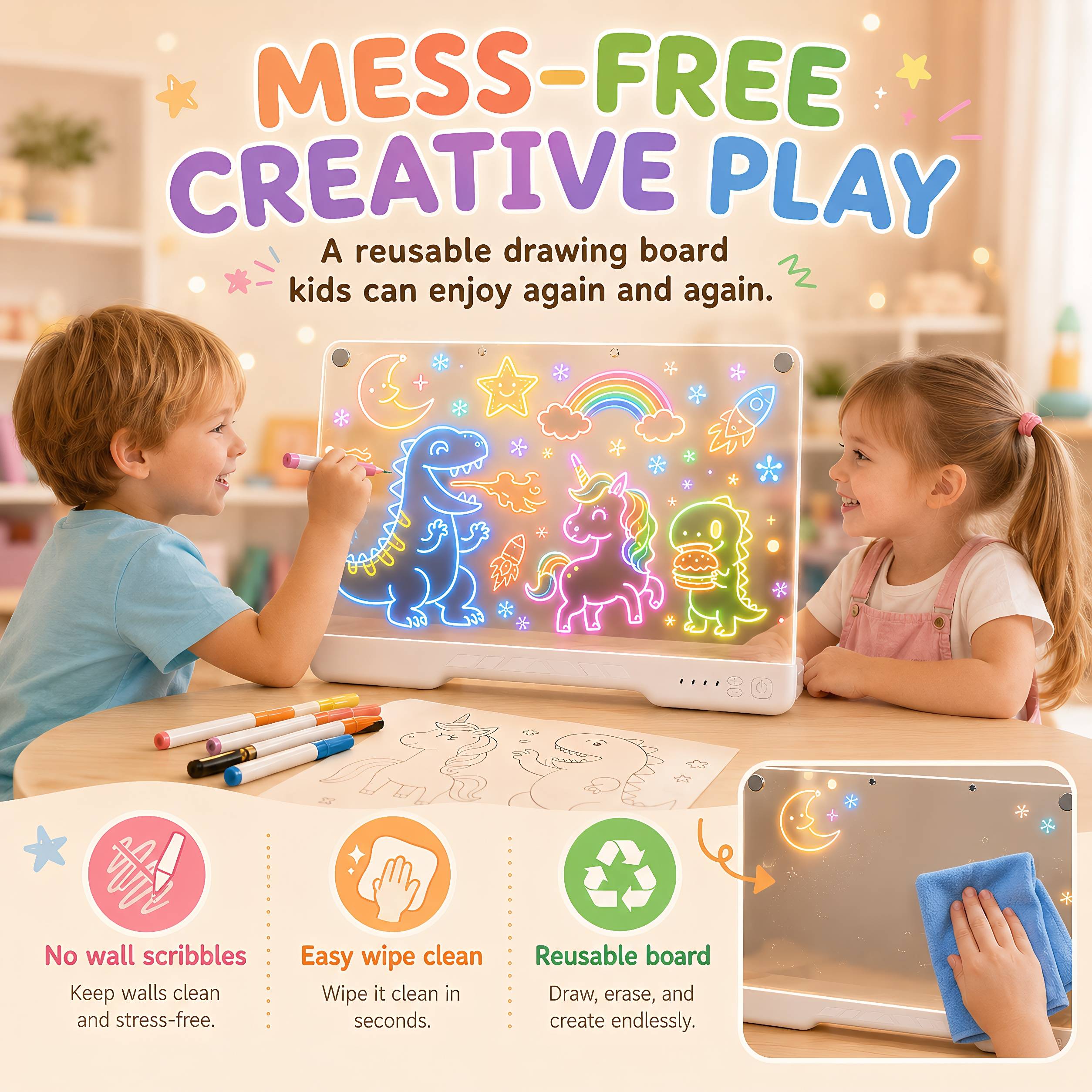 Turn everyday notes and drawings into glowing creativity with the STARBIAO LED Drawing Board. Designed for both fun and practical use, this upgraded light-up acrylic board features 10 color modes and 9 adjustable brightness levels, giving you more control than standard glow boards. Easily switch from a soft, calming glow for bedtime or room decor to brighter, eye-catching lighting for drawings, reminders, and messages. The large 16" writing surface provides plenty of space for kids’ drawings, daily schedules, to-do lists, and family messages. The smooth acrylic surface writes easily and wipes clean with no messy residue, making it perfect for repeated use at home, school, or the office. With a built-in rechargeable battery, this board offers 6–8 hours of cordless use, allowing you to place it anywhere without being limited by cables. The stable stand design keeps it securely positioned on desks, counters, or tables, while the lightweight build makes it easy to move between rooms. Unlike basic drawing boards, this all-in-one set includes everything you need to start right away—no extra purchases required. Whether used as a fun kids’ toy, a daily reminder board, or a decorative light display, it’s a simple way to bring creativity and organization into any space.