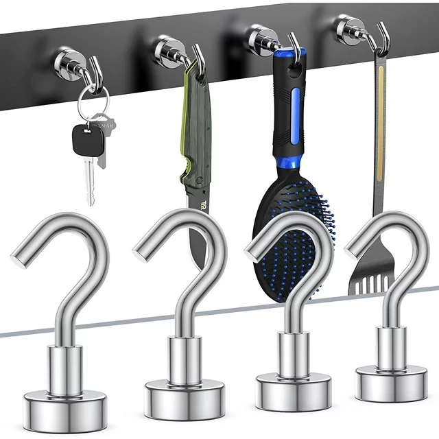 The delpattern 4 Pcs Hardware Hooks set holds to metal surfaces firmly. Universal uses include: hang kitchen tools, utensils, keys, bags towels, aprons, and sweaters. So they are perfect for homes, offices, schools, and shops.

Specification:
Material: Magnet+Stainless Steel
Color: Sliver
Rally: 10-22 LB
Size: 1.38 inch x 0.63 inch
Diameter: 0.59 inch

Features:
1. Strong magnetic force and small size.
2. Long magnetic force and long service life.
3. Neodymium magnets can work well on tool boxes, steel frames, metal filing cabinets, metal workbenches, etc.
4. Magnetic Hooks can be carried with you when traveling to facilitate storage and hanging of items.

Package inclulding:
4* Magnetic Hooks