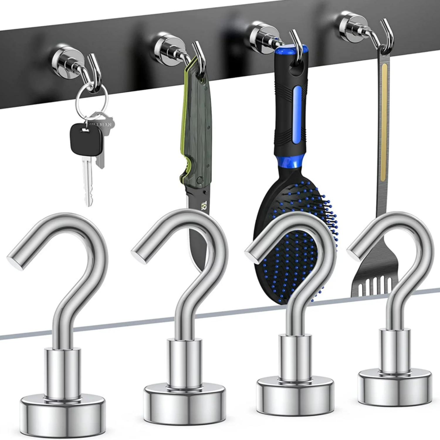【Super Magnetic Hooks】- Made of high-grade and exquisite quality magnet and steel offer more than 22lbs a vertical hanging and the power reduced by 2/3 on horizontal hanging. Steady without Sliding.
【Excellent layer Coating】- Ni+Cu+Ni Triple Layer Coated. The best coating available, which provides a shiny and rust resistant coated steel cup provides protection for the metal magnet hooks and helps to prevent chipping or cracking, making magnetic hooks ideal for long term use.
【Easy to Use】- The heavy duty magnetic hooks are easy to remove and fit in anywhere there is iron or steel, stable without drilling. No more holes in your walls or furniture, These are ideal magnetic hanging hooks for long-term use.
【Versatile to Use】- The cruise essentials hooks are fairly small and don't take up too much space. perfect for hanging grill tools. decorative lights and tool accessories, also be widely used in cruise, fridge, kitchen, locker, workplace office, garage, indoor, outdoor and anywhere there is iron or steel.
【Quality Guarantee】- Please contact us through Walmart customer care if you have any  problems.