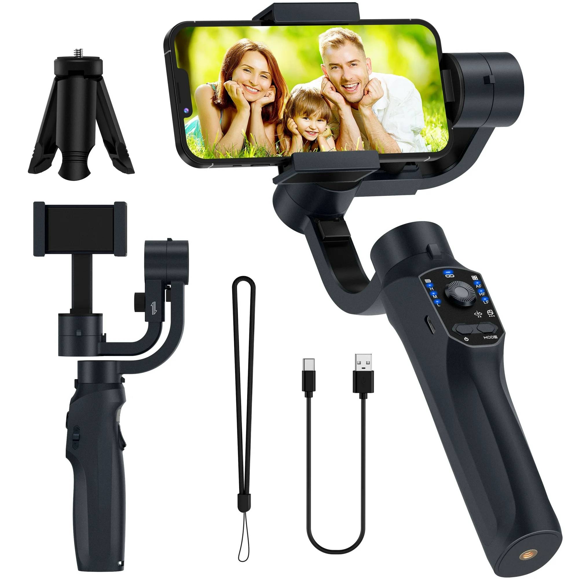 Capture smooth, professional-grade footage with the delpattern Smartphone Gimbal Stabilizer. This 3-axis gimbal features advanced AI-powered tracking to keep your subjects in frame and in focus, even during fast-paced action. Compact and foldable, the lightweight stabilizer weighs just 0.98 lbs and fits easily in your bag, making it perfect for hikes, travels, and spontaneous photo opportunities. Intuitive controls, including a side wheel for focus and zoom adjustments, allow you to create cinematic effects with ease. Backed by a 30-day money-back and 60-day free replacement guarantee, this versatile gimbal comes with a tripod, USB-C charging cable, and user manual, providing everything you need for stable, high-quality video recording on the go.

Parameter
Product size: 289x108x70mm (folded size)
Color: Black
Net weight: 460g
USB type: TYPE-C
Battery： 4000mAh
Operating time: 12h
Power consumption: 5.0W
Rated voltage: 5.0V
Tracking mode：Face Recognition, Object Tracking
Selfie stick mode: Support
Zoom function: Support
Gesture control function: Support
Fill light: white + yellow light 9-speed adjustment
Main material: ABS-PC
Support cell phone width size: 60-86mm