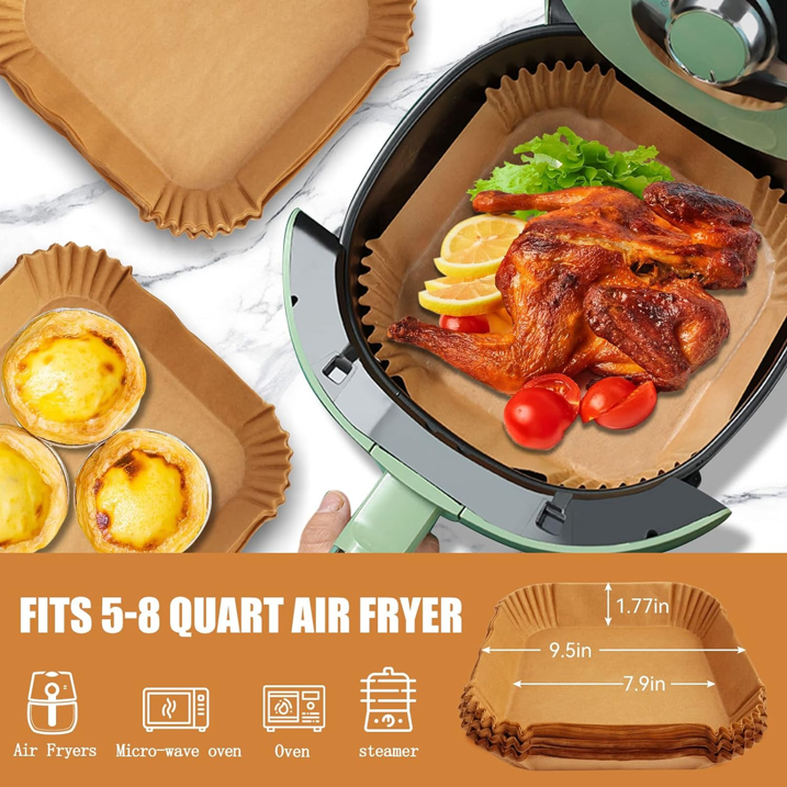 Features:
. Non-Stick
. Keep Clean
. Easy To Use
. Water-proof & Oil-proof
. Disposable

Crafted with natural wood pulp, the 100 Pcs 7.9 inch unbleached air fryer liner is fluorescent-free, grease-proof, and waterproof. When heating with food in ovens, microwave ovens, it withstands temperatures up to 410℉ without curling.

Widely Used: These Juyafio parchment baking paper air fryer baking paper are great for roasting, frying, baking, steamer, frying pan, microwave, air fryer or serving foods. They can be applied to camping, home baking, summer party, and so on.