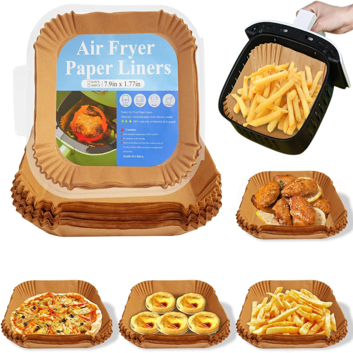 Features:
. Non-Stick
. Keep Clean
. Easy To Use
. Water-proof & Oil-proof
. Disposable

Crafted with natural wood pulp, the 100 Pcs 7.9 inch unbleached air fryer liner is fluorescent-free, grease-proof, and waterproof. When heating with food in ovens, microwave ovens, it withstands temperatures up to 410℉ without curling.

Widely Used: These Juyafio parchment baking paper air fryer baking paper are great for roasting, frying, baking, steamer, frying pan, microwave, air fryer or serving foods. They can be applied to camping, home baking, summer party, and so on.