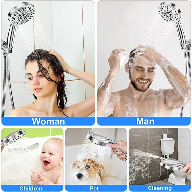 10-Mode Luxury Shower Combo, Handheld Showerhead Set, High Pressure Shower Head with 59” Stainless Steel Hose and Adjustable Brass Bracket, All Chrome Finish and Easy installation

✅【MULTIFUNCTIONAL SHOWER HEAD】This high pressure shower head with handheld comes with 8 spray functions, Saturating Spray, Saturating Massage, Massage, Massage Misty, Misty, Saturating Sweeping, Sweeping Spray, and Water Saving mode(Trickle mode) to pause water while shampooing, soaping up, or shaving. Excellent for everyday shower tasks as well as relaxing tired muscles. Gently rotating the handle on the showerhead panel can switch the modes easily for a pleasant bath.

✅【HIGH-QUALITY MATERIALS AND ADVANCED CRAFT】This high flow handheld shower head is made of high quality ABS chrome, the exquisite chrome plated surface makes it lightweight, durable, rust-proof, fade-proof, lead-free and non-toxic, not easy to damaged when dropping from height, which ensures a safe and comfortable shower. Comfortable ergonomic designed handle makes for ideal balance, ease of use, and lightweight in the hand.

Packing list:
1 x Handheld shower
1 x Bracket
1 x 59 inches shower hose
1 x Anti-leakage Teflon tape
1 x Rubber washers
1 x Instructions