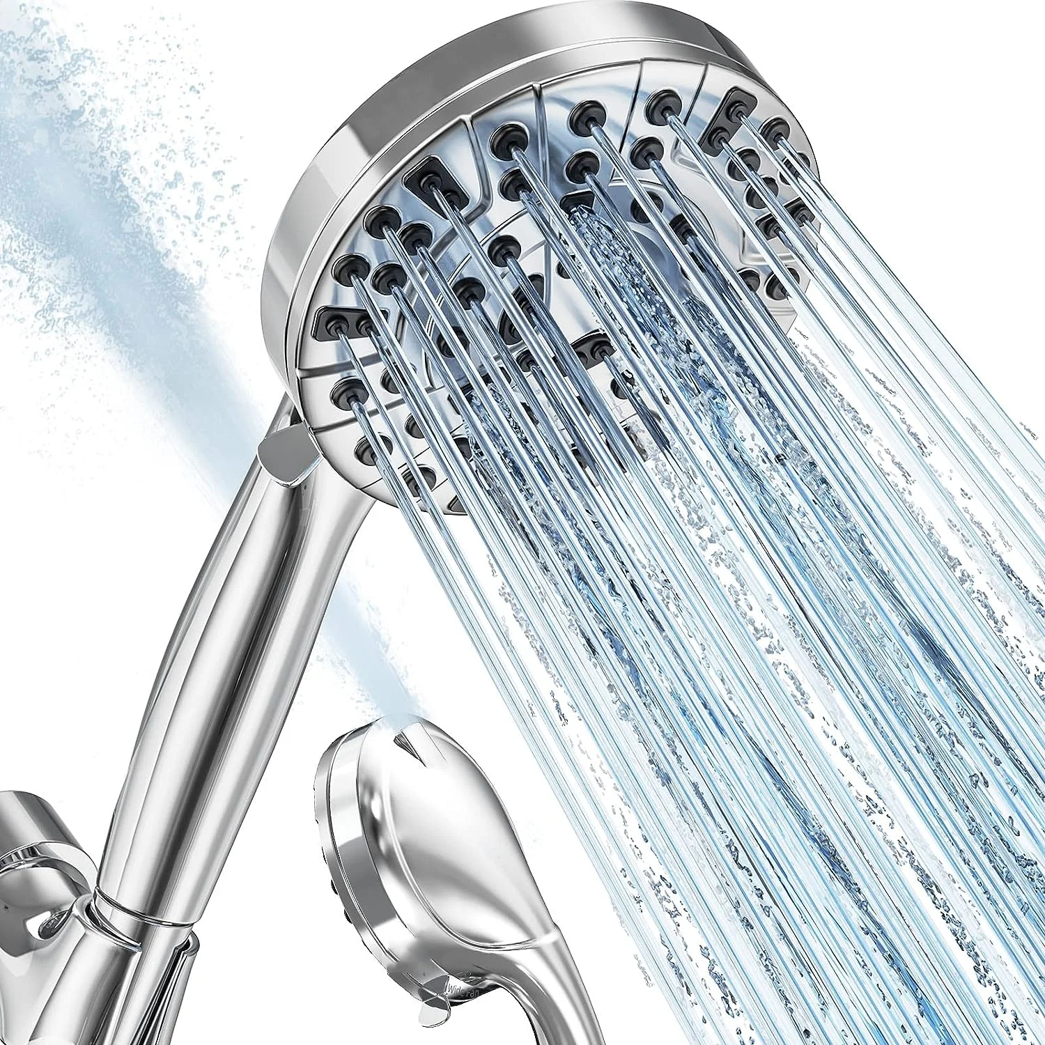 10-Mode Luxury Shower Combo, Handheld Showerhead Set, High Pressure Shower Head with 59” Stainless Steel Hose and Adjustable Brass Bracket, All Chrome Finish and Easy installation

✅【MULTIFUNCTIONAL SHOWER HEAD】This high pressure shower head with handheld comes with 8 spray functions, Saturating Spray, Saturating Massage, Massage, Massage Misty, Misty, Saturating Sweeping, Sweeping Spray, and Water Saving mode(Trickle mode) to pause water while shampooing, soaping up, or shaving. Excellent for everyday shower tasks as well as relaxing tired muscles. Gently rotating the handle on the showerhead panel can switch the modes easily for a pleasant bath.

✅【HIGH-QUALITY MATERIALS AND ADVANCED CRAFT】This high flow handheld shower head is made of high quality ABS chrome, the exquisite chrome plated surface makes it lightweight, durable, rust-proof, fade-proof, lead-free and non-toxic, not easy to damaged when dropping from height, which ensures a safe and comfortable shower. Comfortable ergonomic designed handle makes for ideal balance, ease of use, and lightweight in the hand.

Packing list:
1 x Handheld shower
1 x Bracket
1 x 59 inches shower hose
1 x Anti-leakage Teflon tape
1 x Rubber washers
1 x Instructions