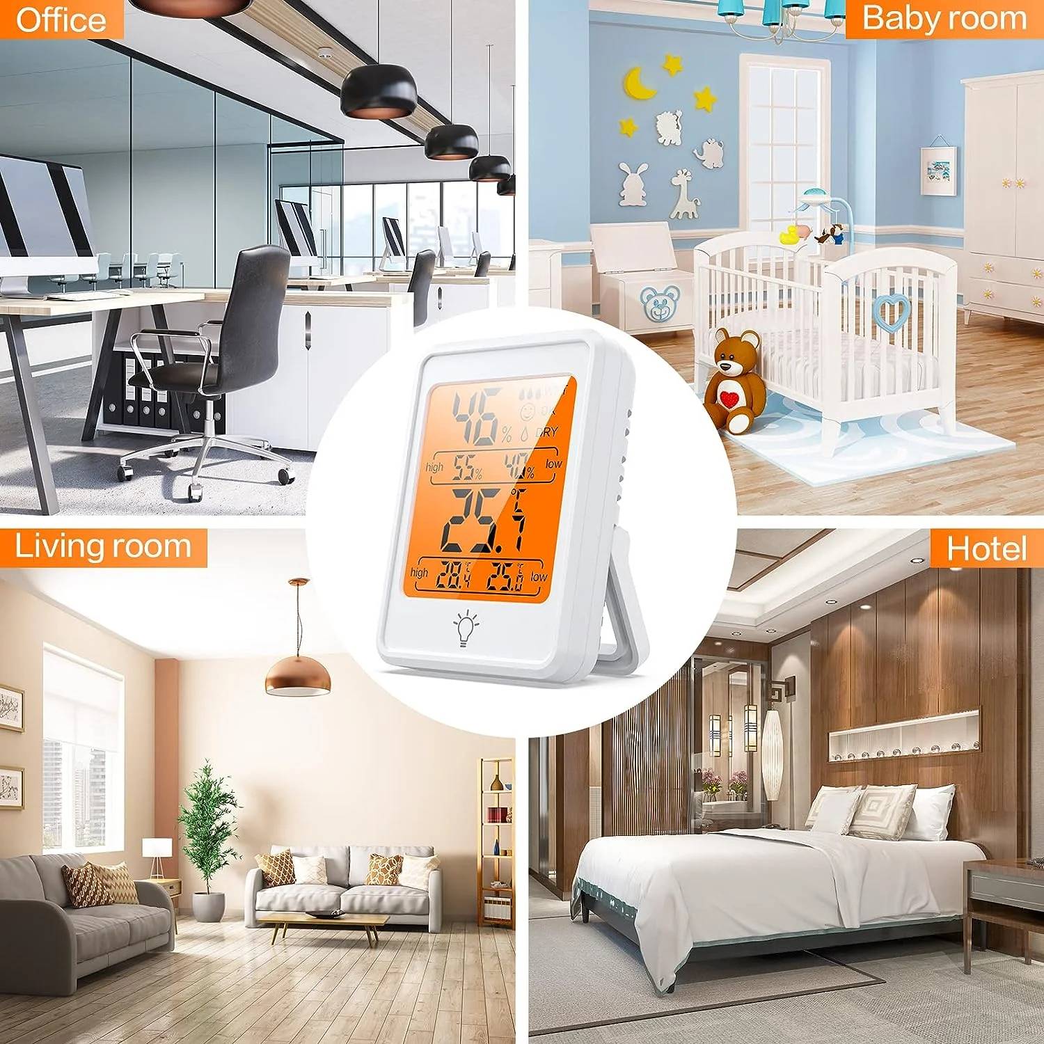 ✅ delpattern Indoor Digital Thermometer, Touch LCD Portable Hygrometer with Temperature, humidity meter and temperature gauge.

✅ Maintaining proper indoor humidity has important skin, allergy, and other health benefits by inhibiting the growth of mold, bacteria, viruses, fungi, mites, and various asthma triggers. The Digital thermometers for inside and outside allows you to check comfort conditions at a glance with this indoor humidity and thermometer combination. Requires two AA batteries to operate. This hygrometer indoor humidity can either be displayed on a tabletop. The display shows the highest and lowest temperature and humidity readings recorded in your indoor environment over the past 24 hours.

✅ The hygrometer thermometer and Humidity Monitor is simple to use and features a variety of mounting options. Stands upright for tabletop use and offers a magnetic backing for easy placement on metal surfaces such as your refrigerator.