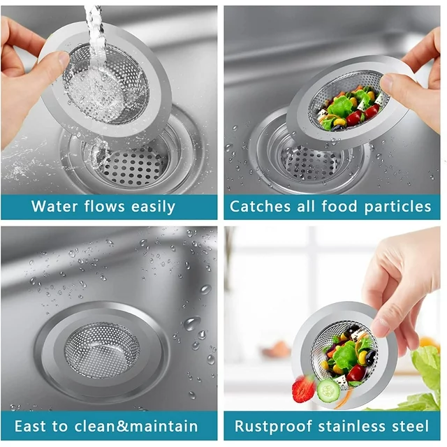 FITS MOST SINKS: Bchangss sliver sink catcher for drain kitchen, fits standard 3.5" sink drains; Outer diameter is 4.57"; inner mesh filter basket is 2.6" wide; depth: 1.02", fits most sink drains and garbage disposal drains;.

EASY TO CLEAN: The Juyafio Drain Catches for sink easily lifts out to empty and clean. Dishwasher safe. Clean with water and soap;

EFFECTIVE ANTI-CLOGGING: This sink drain strainer for kitchen sink hole allows water and other liquids to flow freely while catching unwanted food and debris particles, because micro mesh only allows the smallest particles through the 2.00mm diameter holes;

STRONG DURABILITY: Drain strainer is made of sturdy stainless steel, rust-free;

Specification:
Mesh strainer sizes
Outer diameter: 11.6cm/4.57inch.
Inner filter: 6.6cm/2.6inch.
Depth: 2.6cm/1.02inch.
Holes: 2mm diameter.

Multiple Uses:
Suitable for kitchen, bathroom, bathtub, shower room, toilet, Washbasin. A perfect tool to keep hair, residues, debris from clogging your sink drains. Make your housework easier, and make the world cleaner.