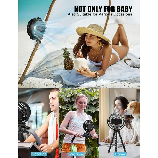 ✅ The Mini Portable Stroller Fan is specially made for baby but also for everyone.

✅ The standing fan and handheld fan have 3 flexible legs (tripod), which are sturdily built and long enough to hold the handle of strollers, wheelchairs, cribs or anywhere you would place your baby, keep them cool and entertained. High Quality Silicone Material Waterproof, dirt-proof, easy to clean, not easy to age and break, more durable than other sponge material fans. 

✅ Our cooling fan with 3 speeds for your needs, speed 1 and 2 are comfortable, quiet and effective for children, while speed 3 are strong for adults. Fans that blow cold air;

✅ The battery operated fan comes with rechargeable battery - Grade A 2000mah battery, lasts 6-10hours when set at low speed for child, it's enough for a half day outing like a walk.And it also is rechargeable fan;

✅ Safe Baby Fan Cover Ultra-fine mesh design effectively prevents the baby from touching the fan blade to avoid injury. 360° rotation in all directions More flexibility. Simply twist and adjust the fan head to feel cool from any direction without removing and reinstalling the entire fan.

✅ The portable fan can sit on your bedroom, office table, grab on your beach umbrella, you can also set it on your boat, golf cart, or treadmill in gym...it's a magic stroller fan and waiting for you to explore more.
