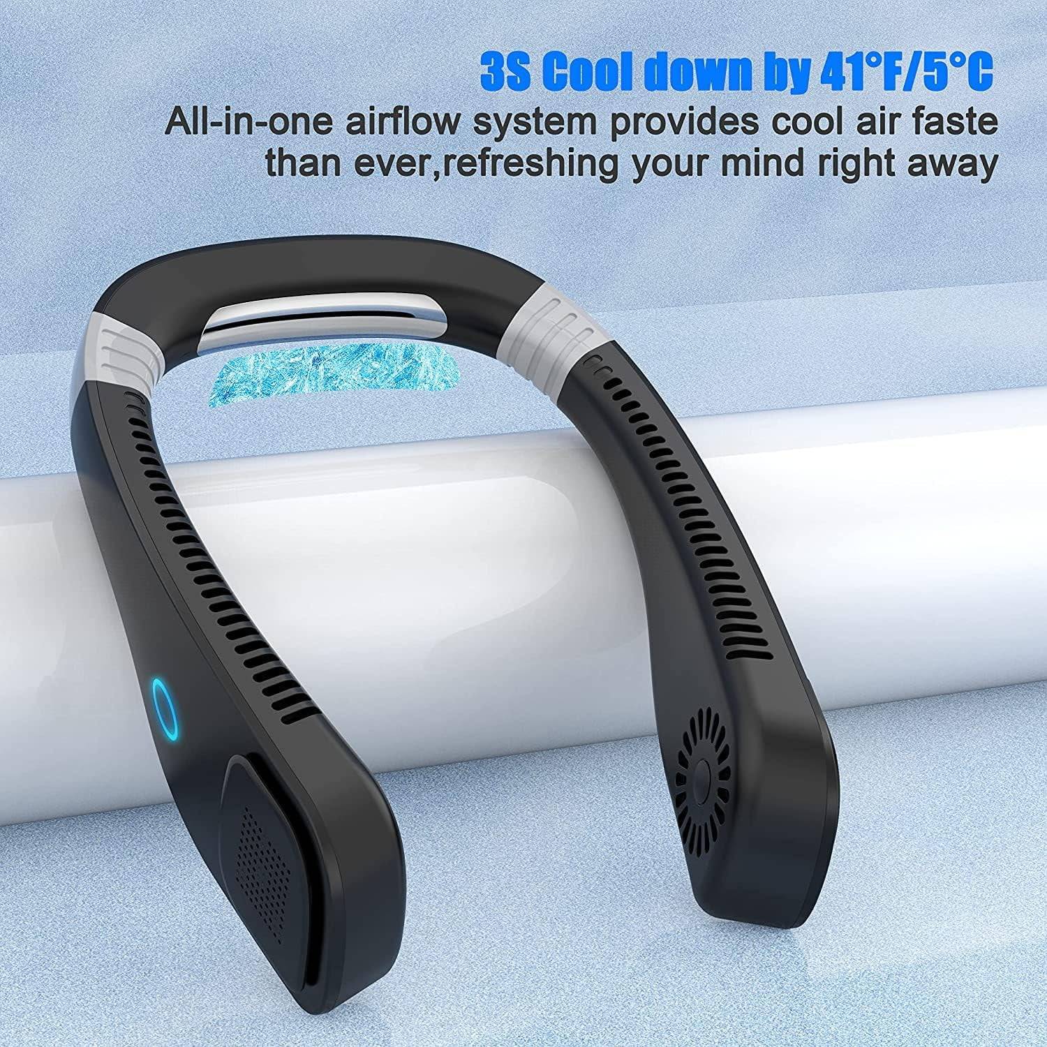🍃🍃 Cool and safe: delpattern neck fan innovative turbo fan blades and wind hole design, efficient division of air and feel the cooler breeze more gently. The design of the bladeless neck fan can be used safely by children and the elderly.

🍃🍃Name: Cool Portable Neck Fan
Package Dimensions: 9.57 x 7.28 x 2.56 inches
Item Weight: 12.3 ounces
Material: Silicone, Plastic
Controller Type: Button Control

🍃🍃 Fans Feature:
Battery capacity: 2000mAh.
Voltage working range: 5V-1A.
Power: 5W.
Interface type: USB-C.
Operating hours after full charge:
1 speed: 8 hours.
2 speed: 6 hours.
3 speed: 3 hours.

🍃🍃What's in the package:
1x Neck Fan
1x USB charging cable
1x User Manual