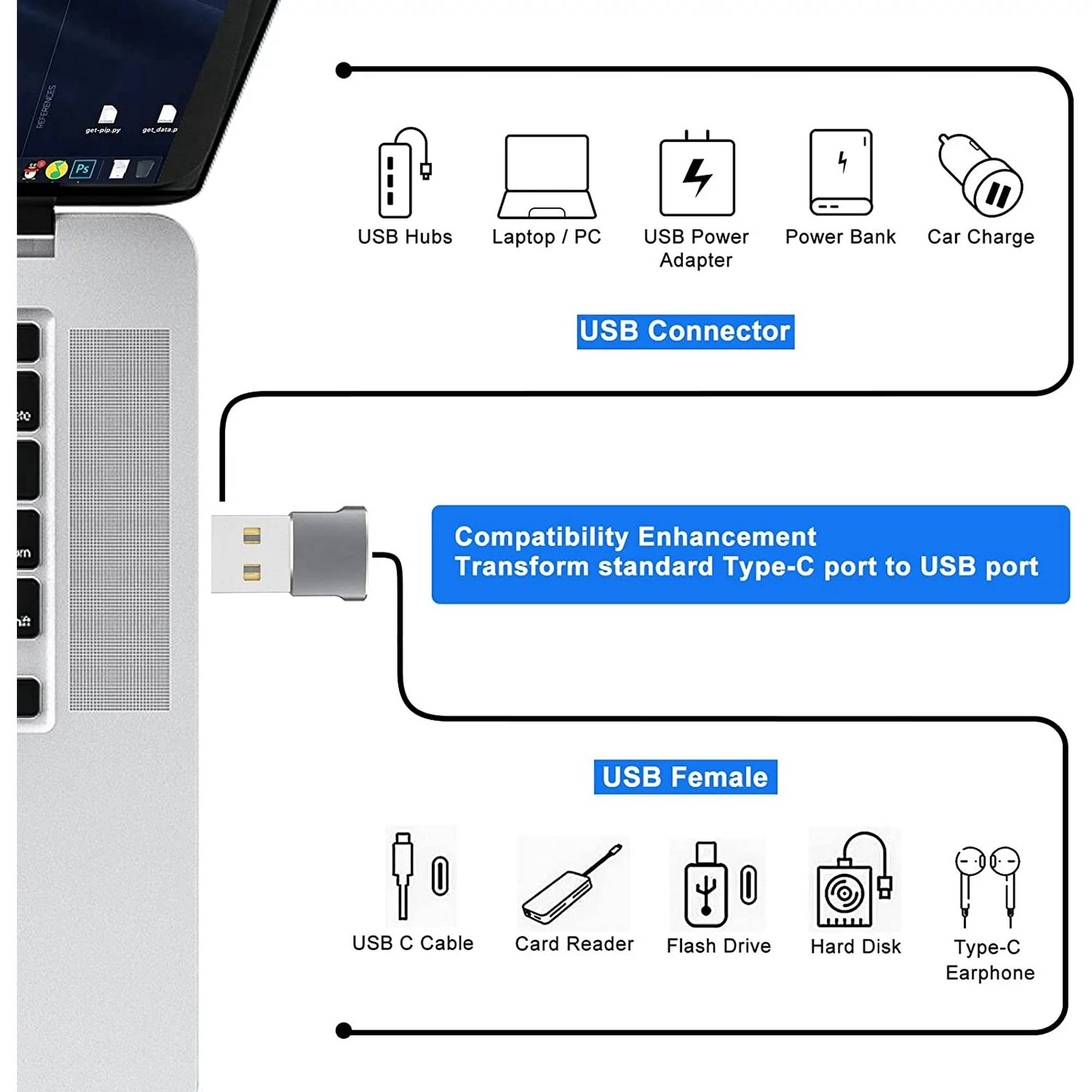 Description:
Item type:USB C Female to USB A Male Adapter
Female - USB 3.1 Type C
Male - USB 2.0 Type A
USB OTG Enabled

Compatible with any USB Type C device , for example: Samsung Galaxy S9/S9+, MacBook Pro, MacBook Air, the Lumia 950, Lumia 950 XL, OnePlus 2, Nokia N1, Lenovo Zuk Z1, Nexus 5X, Nexus 6P, and Pixel C and more other Type-C supported devices.

Package Include:
4x USB C Female to USB A Male Adapters

Warm Tips :
1. This is a USB 2.0 adapter, CAN NOT support USB 3.0/3.1 protocol.
2. Does not support video output, cannot transmit any type of video signals such as hdmi, vga, etc.
3. The USB-C adapter supports 3A fast charging, but the charging speed depends on the charger and charging cable used.
4. It is normal that the adapter may generate heat when used for a long time. Please make sure that the connector is stable when charging.