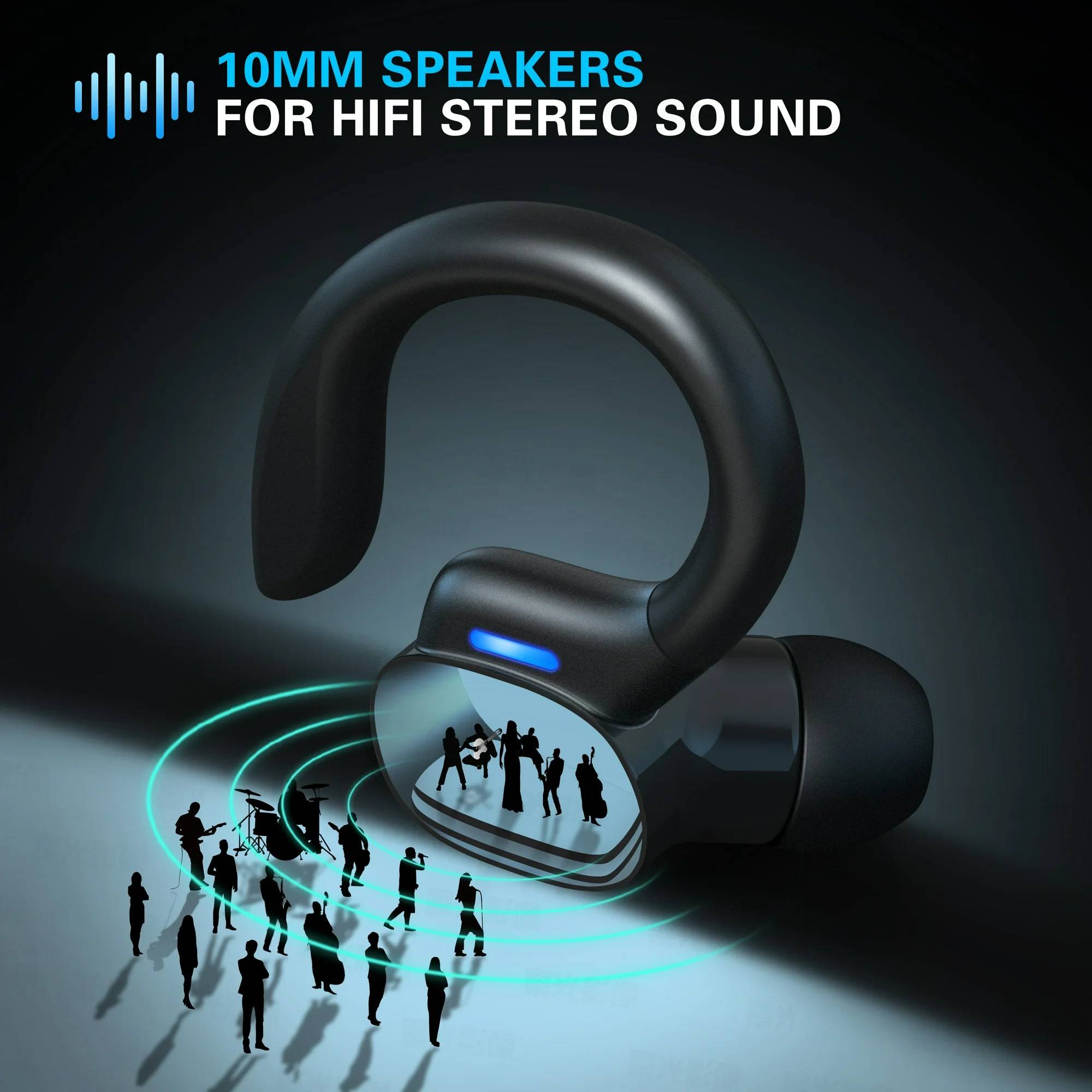 Hi-Fi Stereo Sound Quality:
True wireless earphones with Crystal Clarity And Deeply Resonant Bass Signature Deliver Immersive Sound Quality. Call Noise Reduction Brings You Crystal Clear Calls And Immerses You In The Wonderful World Of Music.

48H Play Time with Charging Case:
Automatic Boot And Matching. True wireless earbuds Supports 8hr Playback And The Charging Case Up To 2hr Full Charges That Basically Meets Your Daily Needs. With LED Digital Screen Display, Charging Case Will Clear Show The Power Level Of The Earphone, And You Will Not Worry About The Suddently Without Power.

Comfortable Secure Fit:
Excellent Ergonomic Design, Bluetooth Earphones Fit Better To The Ear Canals, It’s Not Easy To Lose Or Fall Out When You Wear Them Moving Or Running. Intelligent Touch Control & Easy To Operate Manage Audio Playback & Calls Or Access Your Phone’s Voice Assistant With The Multi-function Touch Panel On Each Earbud. Either Earbud Can Be Used Alone Like A Bluetooth Headset.

IPX65 Waterproof Sweatproof:
Sport True Wireless Earbuds And Charging Boxes Use Nano-coating And The Latest Waterproof And Sweat-proof Technology To Effectively Prevent Splash Damage From Sweat And Raindrops.

Specifications:
Bluetooth Version: V5.0+DSR
Playtime: 8Hours
Charging Time: About 2H
Charging Case Specs: 800mAh
Working Distance: 10 Meters

One step pairing:
Easy to pair, pick up the earbuds and connect the bluetooth.