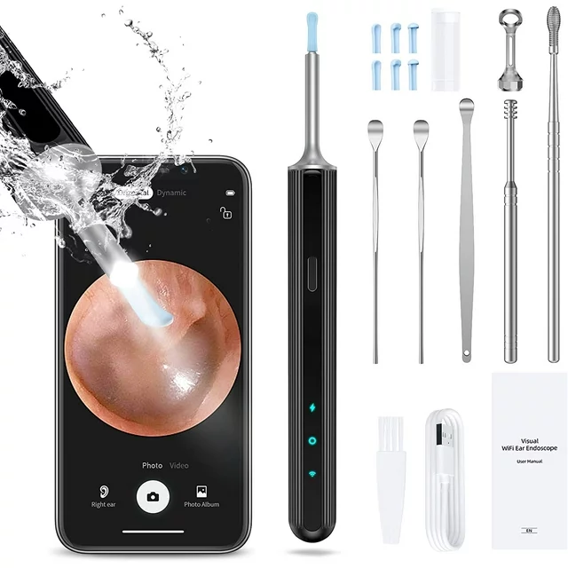 Features:
✅ 1080P HD Camera & 360° Wide Angle: This wireless ear camera has 360° wide-angle professional grade lens,creates a large coverage view to help you remove the earwax much easier. The ear endoscope has anti-Fog & anti-dust technology can provide superior clear image with 1080P full HD.
✅ IP67 Level Waterproof & USB Rechargeable Design: Our Juyafio ear wax removal camera comes with built-in 350mAH rechargeable battery, which can last for 90mins continuous working time or 60-day standby time.IP67 waterproof otoscope, ear spoon, and lens can be washed with water or wiped with alcohol cotton after use, please do not put the whole otoscope in water.
✅ 3.5mm len & 6 LED lights & 6-axis gyro technology: This len of this ear cleaner otoscope with light is 3.5mm, and 6 LED lights can help you light up the canal and see the dark place clearly. The convenient for daily inspection of ear, nose, mouth, throat and other health conditions. You can take care of your family's or friend's health, even your pets.
✅ Wide Compatiblity & Easy to Use: This ear cleaning kit with camera can work well with all of android and ios devices. And also, you can use it in your tablet. Scan the QR Code to download the App and connect the wifi of the ear scope, one button to start use.

✅ Specifications:
Color: Black
Lens Diameter: 3.5mm
Battery: 350mAh
Working Time: About 90 minutes
Standby Time: About 60 days
Waterproof Level: IP67(Only the lens!)
Compatible with Android & iOS & tablet devices.

✅ Package Included:
1*Ear scoop storage box
1*ear wax removal tool
5* Traditional ear scoop
5 *Silicone earplug cover
1 *charging cable
1 *cleaning brush
1*Detachable ear spoon
1*Instruction Manual.

✅ Using Tips:
1. Scan the QR code to download the app.
2. Long press the power key to open the device.
3. Open the "Suear" app, find "Suear-xxxx", connect and start to use.
4. Return to the app again and check the house icon toenter the device, and you can see the shot screen.