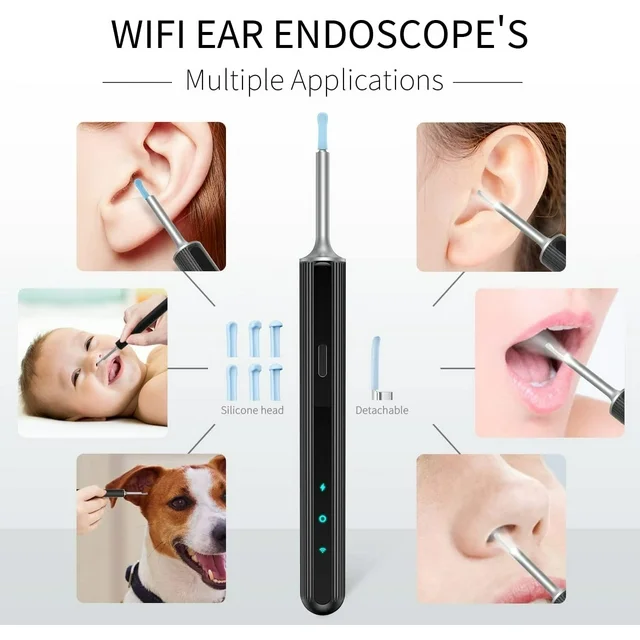 Features:
✅ 1080P HD Camera & 360° Wide Angle: This wireless ear camera has 360° wide-angle professional grade lens,creates a large coverage view to help you remove the earwax much easier. The ear endoscope has anti-Fog & anti-dust technology can provide superior clear image with 1080P full HD.
✅ IP67 Level Waterproof & USB Rechargeable Design: Our Juyafio ear wax removal camera comes with built-in 350mAH rechargeable battery, which can last for 90mins continuous working time or 60-day standby time.IP67 waterproof otoscope, ear spoon, and lens can be washed with water or wiped with alcohol cotton after use, please do not put the whole otoscope in water.
✅ 3.5mm len & 6 LED lights & 6-axis gyro technology: This len of this ear cleaner otoscope with light is 3.5mm, and 6 LED lights can help you light up the canal and see the dark place clearly. The convenient for daily inspection of ear, nose, mouth, throat and other health conditions. You can take care of your family's or friend's health, even your pets.
✅ Wide Compatiblity & Easy to Use: This ear cleaning kit with camera can work well with all of android and ios devices. And also, you can use it in your tablet. Scan the QR Code to download the App and connect the wifi of the ear scope, one button to start use.

✅ Specifications:
Color: Black
Lens Diameter: 3.5mm
Battery: 350mAh
Working Time: About 90 minutes
Standby Time: About 60 days
Waterproof Level: IP67(Only the lens!)
Compatible with Android & iOS & tablet devices.

✅ Package Included:
1*Ear scoop storage box
1*ear wax removal tool
5* Traditional ear scoop
5 *Silicone earplug cover
1 *charging cable
1 *cleaning brush
1*Detachable ear spoon
1*Instruction Manual.

✅ Using Tips:
1. Scan the QR code to download the app.
2. Long press the power key to open the device.
3. Open the "Suear" app, find "Suear-xxxx", connect and start to use.
4. Return to the app again and check the house icon toenter the device, and you can see the shot screen.