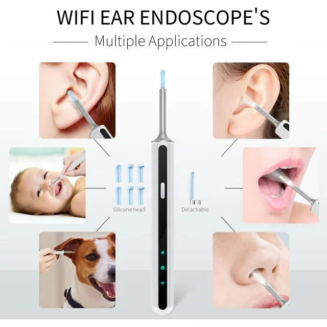 Features:
✅【1080P HD Camera & 360° Wide Angle】 This wireless ear camera has 360°wide-angle professional grade lens,creates a large coverage view to help you remove the earwax much easier. The ear wax kit with camera has anti-Fog & anti-dust technology can provide superior clear image with 1080P full HD.
✅【IP67 Level Waterproof & USB Rechargeable Design】 Our GPEESTRA ear wax removal camera comes with built-in 350mAH rechargeable battery, which can last for 90mins continuous working time or 60-day standby time. IP67 waterproof ear otoscope, ear spoon, and lens can be washed with water or wiped with alcohol cotton after use, please do not put the whole otoscope in water.
✅【3.5mm len & 6 LED lights & 6-axis gyro technology】This len of this ear cleaner otoscope with light is 3.5mm, and 6 LED lights can help you light up the canal and see the dark place clearly. The convenient for daily inspection of ear, nose, mouth, throat and other health conditions. You can take care of your family's or friend's health, even your pets.
✅【Wide Compatiblity & Easy to Use】 This Ear Cleaning Kit with camera can work well with all of android and ios devices. And also, you can use it in your tablet. Scan the QR Code to download the App and connect the wifi of the ear scope, one button to start use.

✅Specifications:
Color: White
Lens Diameter: 3.5mm
Battery: 350mAh
Working Time: About 90 minutes
Standby Time: About 60 days
Waterproof Level: IP67(Only the lens!)
Compatible with Android & iOS & tablet devices.

✅Package Included:
1*Ear scoop storage box
1*ear wax removal tool
5* Traditional ear scoop
5 *Silicone earplug cover
1 *charging cable
1 *cleaning brush
1*Detachable ear spoon
1*Instruction Manual.

✅Using Tips:
1. Scan the QR code to download the app.
2. Long press the power key to open the device.
3. Open the "Suear" app, find "Suear-xxxx", connect and start to use.
4. Return to the app again and check the house icon toenter the device, and you can see the shot screen.