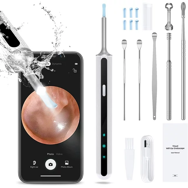 Features:
✅【1080P HD Camera & 360° Wide Angle】 This wireless ear camera has 360°wide-angle professional grade lens,creates a large coverage view to help you remove the earwax much easier. The ear wax kit with camera has anti-Fog & anti-dust technology can provide superior clear image with 1080P full HD.
✅【IP67 Level Waterproof & USB Rechargeable Design】 Our GPEESTRA ear wax removal camera comes with built-in 350mAH rechargeable battery, which can last for 90mins continuous working time or 60-day standby time. IP67 waterproof ear otoscope, ear spoon, and lens can be washed with water or wiped with alcohol cotton after use, please do not put the whole otoscope in water.
✅【3.5mm len & 6 LED lights & 6-axis gyro technology】This len of this ear cleaner otoscope with light is 3.5mm, and 6 LED lights can help you light up the canal and see the dark place clearly. The convenient for daily inspection of ear, nose, mouth, throat and other health conditions. You can take care of your family's or friend's health, even your pets.
✅【Wide Compatiblity & Easy to Use】 This Ear Cleaning Kit with camera can work well with all of android and ios devices. And also, you can use it in your tablet. Scan the QR Code to download the App and connect the wifi of the ear scope, one button to start use.

✅Specifications:
Color: White
Lens Diameter: 3.5mm
Battery: 350mAh
Working Time: About 90 minutes
Standby Time: About 60 days
Waterproof Level: IP67(Only the lens!)
Compatible with Android & iOS & tablet devices.

✅Package Included:
1*Ear scoop storage box
1*ear wax removal tool
5* Traditional ear scoop
5 *Silicone earplug cover
1 *charging cable
1 *cleaning brush
1*Detachable ear spoon
1*Instruction Manual.

✅Using Tips:
1. Scan the QR code to download the app.
2. Long press the power key to open the device.
3. Open the "Suear" app, find "Suear-xxxx", connect and start to use.
4. Return to the app again and check the house icon toenter the device, and you can see the shot screen.