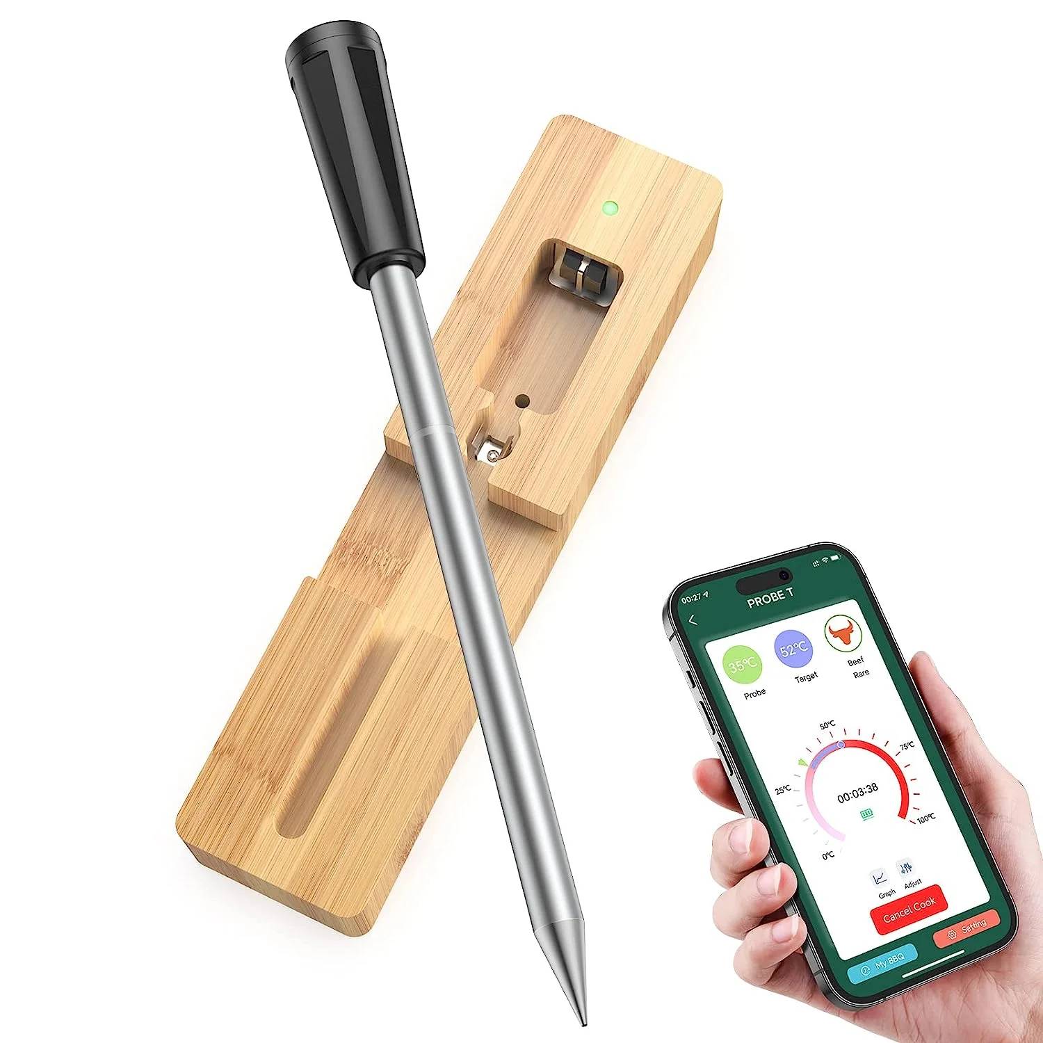 ✅ When you’re going to lose patience for cooking, from which you have paid a lot but never gained a bit, please stop self-doubting and step into a new world instead, together with our Bluetooth meat thermometer. It will be a massive success for beginners and take skilled cooks to a higher level with the time and temperature precisely controlled while cooking.

✅ Smart APP Control
Utilize Bluetooth 5.2 version to achieve a 50m(165ft) wireless range under the environment with no obstacles. Save you from the long cables and set you free from watching the meat closely. You don’t have to wait in the kitchen or bear the heat near the grill. Take a seat and check the phone while the wireless meat thermometer helps you keep an eye on it.

✅ Food-Grade Material
Safety should not be a concern while cooking and enjoying food. Food-grade PEEK is heat resistant, and the food-grade 304 stainless steel probe measures the internal temperature of the food from 0℃(32°F) to 100℃(212°F). Leave the BBQ thermometer probe inserted into the food to monitor and track the real-time temperature changes on your phone. 

✅ Intelligent Cooking System
Be more confident in cooking with this convenient app-based thermometer for cooking. Cooking food to a safe and proper temperature ensures food safety and gets the best flavor while avoiding undercooking or overcooking. Timers and alerts inform you to go on to the next step, allowing you to handle multitasking situations with ease and confidence.

✅ Convenient Charging Dock
Charging is faster than ever to finish in 5-10 minutes, while discharging time is longer than imagination to run out the battery in 4 hours. We’ve crafted a delicate wood-made charging base for the meat thermometer to get charged with the type-C cable connected. Also, it’s a comfy home for the thermometer when it’s not in use, so you can always find it at home.