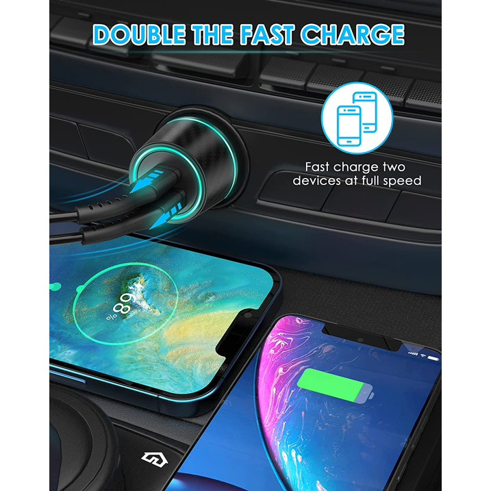 Fast Car Charger Adapter 48W dual-port output, it can fast charge two devices at the same time Cool Blue LED atmosphere lights make driving more fun，convenient and safer. Car Charger can firmly lock the cigarette lighter, stable charging, and no fear of bumps. It creatively uses a transparent pc case to add style to it. Transparent+Metal Design Fast Car Adapter PD 30W USB-C+QC3.0 18W USB-A Two Port With LED Light For iPhone 13 12 11 X 9 Pro Max Mini, Samsung, Motorola, OnePlus, Google(TH219).

Car Charger Adapter MAX 48W;

Intput: DC12-24V,4A max;

Output USB-A: 5V/3A,9V/2A,12V/1.5A;

Type-C: 5V/3A,9V/2.77A;