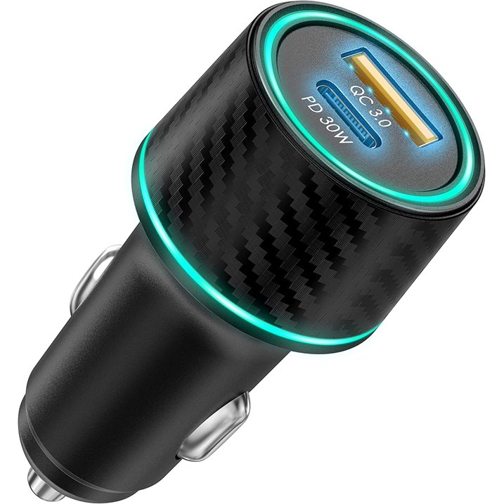 Fast Car Charger Adapter 48W dual-port output, it can fast charge two devices at the same time Cool Blue LED atmosphere lights make driving more fun，convenient and safer. Car Charger can firmly lock the cigarette lighter, stable charging, and no fear of bumps. It creatively uses a transparent pc case to add style to it. Transparent+Metal Design Fast Car Adapter PD 30W USB-C+QC3.0 18W USB-A Two Port With LED Light For iPhone 13 12 11 X 9 Pro Max Mini, Samsung, Motorola, OnePlus, Google(TH219).

Car Charger Adapter MAX 48W;

Intput: DC12-24V,4A max;

Output USB-A: 5V/3A,9V/2A,12V/1.5A;

Type-C: 5V/3A,9V/2.77A;