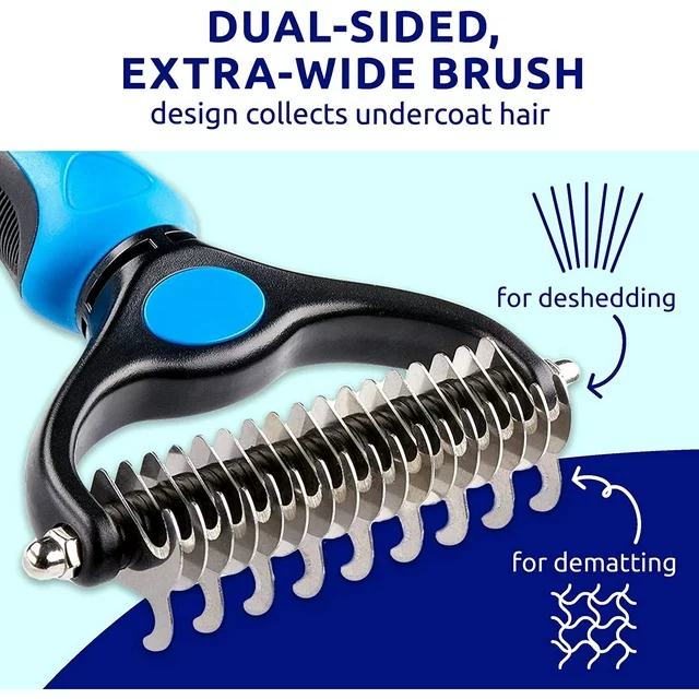 ✅✅ Pet Dematting Comb Grooming Undercoat Rake 17+9 Teeth - Double Sided Designed, weight 0.47 lb .

✅✅ You will be amazed at how much hair will come off after a single use imagine how your dog will love the new healthy and shiny coat after having a grooming session with our grooming tool. Our undercoat rake dramatically reduces shedding by up to 90% after just 1 short session. Perfect for matted, heavy shedding undercoats and extra fur. This is the perfect pet brush for daily deshedding.

✅✅ Benefits from our grooming brush: Multi-purpose grooming tool - dual head design -the 9 teeth dematting side is perfect for removing mats, tangles, and knots, and the 17 teeth deshedding side is best suited for thinning and de-shedding loose hair. Stop pulling the hair out - slightly sharpened blades smoothly cut through the toughest mats. Reduce shedding regular brushing removes excess dead hair from your pet's undercoat, leaving you a clean and hair-free home. Safe for your furry friends - rounded ends teeth do not scratch or irritate the skin. Our dematting comb will leave your pet’s fur sleek, shiny and healthy, perfect for dogs, cats, horses, and rabbits with short, medium, and long coats.

✅✅ Tips for Achieving the Best Grooming Results:
. Use the 9-teeth side to go over the coat a few times, until you’re pulling out less and less hair from the brush;
. Comb with the 17-teeth side to thin and de-shed undercoat and remove more loose hair;
. Pick out the small tangles or mats with our dog metal comb that the teeth can’t get through.