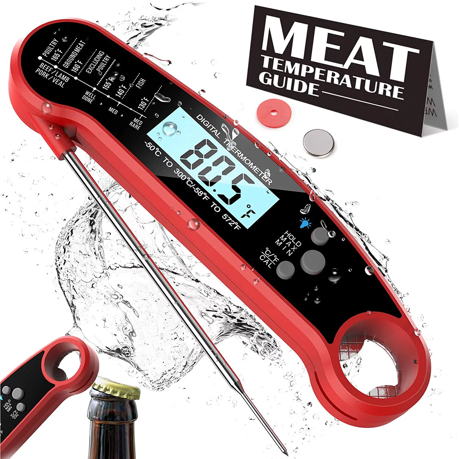 wireless thermometer for grill - meat thermometer digital, instant read thermometer for cooking, BBQ, Kitchen - Fast Digital Food Thermometer

Kitchen Thermapen Thermometer - Try our digital cooking thermometer kitchen tool with many uses including a frying thermometer baking thermometer grill thermometer digital probe liquid thermometer and more.

Digital Instant Read Grill Thermometer- Accurate Reading & Ultra Fast, Equipped with a food grade stainless long probe, thermometer takes the temperature in a little as 2 seconds and is accurate to ±1°C(1.8℉) degrees with a wide range of -58℉~572℉（-50°C~300°C), Our meat thermometer for grilling and deep fry thermometer can help perfect your cooking.

Probe thermometer - A food thermometer instant read meat temperature probe can make a big difference so add our meat probe to your grill tools and see the power of a digital thermometer cooking aid.

BBQ Wireless Meat Thermometer - Our instant read thermometer digital BBQ accessories are great for indoor/outdoor cooking whether you need a general grilling thermometer or just a steak thermometer.

Packing listing:
1 x Meat Thermometer.
1 x User Manual.
1 x Food Temp Chart.
1 x CR2032 Button Battery (installed).
1 x Battery Case Opener.