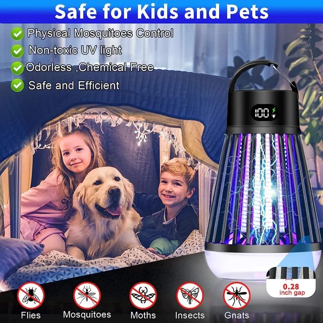 ✅【Electronic Insect Killer】: Equipped powerful instant 2000 Volt high voltage grid, kill any bug in a flash, also with high-intensity ultraviolet lamp, the Electric Bug Zapper can release 363+395+410nm specific wavelength to attract mosquitoes, gnats, aedes mosquitoes, flies, moths and other most insects. When the insect near the fly trap, electric bug zapper will kill the insect with high voltage grid.

✅【Rechargeable, Waterproof, Electricity digital display】: Built-in rechargeable 2000MAH batteries and 12 LED lights, IPX5 level Waterproof, Insect killer can be used Indoor & Outdoor, no matter the weather like, sunny or rain, just put or hang the electric mosquito zappers killer in the place you like, and then turn it on, take back your home from annoying flying insects and zap your bug problems away. It also can be a camping light, which is multifunction.

✅【Safe For Humans And Pets, Easy to Clean】: No bug spray, no insect repellent, No used any chemicals, harmless to the human body. Electronic insect trap includes a durable safety guard that prevents children, pets, and wildlife from contacting the charged grids. Our mosquito killer lamp has a hidden tray for the dead flies in the bottom of the device. To clean it up, simply remove the tray and clean it up with a brush or flush with warm water. Fast and effective!

✅ Note: Please turn it on 30-60 minutes before bedtime will have the best effect.

Packing list:
1x Multifunctional Mosquito killer
1x Charge cable
1x Clean brush
1x Manual