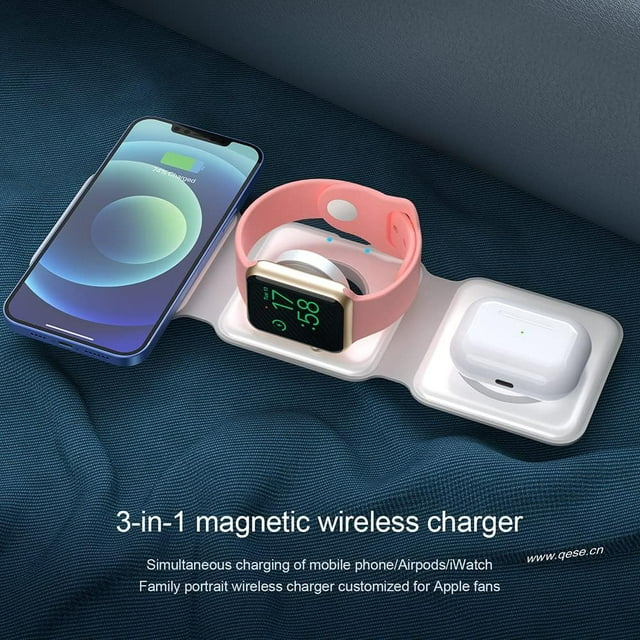 Juyafio 3 in 1 Charging Station Magnetic Wireless Charger for Multiple Devices Foldable Charger Stand for iPhone 14 13 12 11/Pro/XS/XR,AirPods 3/2/Pro,iWatch 7/6/5/4/3/2, White

Why choose the Juyafio White 3-in-1 Foldable Wireless Charger?
1. It combines the advantages of wireless charging and avoids some shortcomings in function and volume. Therefore, this magnetic folding charger can be bought and used with confidence!
2. IDEAL SIZE, SMALL AND LIGHTWEIGHT, MULTI-DIMENSIONAL USE, EFFICIENT AND CONVENIENT, SAFETY PROTECTION. Use it to charge your iPhone, iWatch and AirPods. It will be the best choice for daily use and travel.

Kind regards:
1. Please make sure your device supports wireless charging before use.
2. Please avoid charging with case thickness more than > 2MM.
3. If the working temperature exceeds 122°F, charging will be interrupted to avoid damage to the devices.