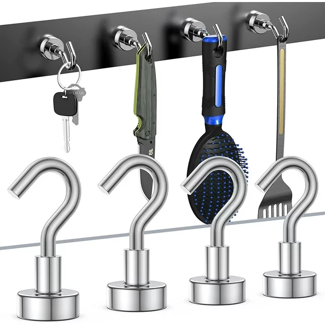 The delpattern 4 Pcs Hardware Hooks set holds to metal surfaces firmly. Universal uses include: hang kitchen tools, utensils, keys, bags towels, aprons, and sweaters. So they are perfect for homes, offices, schools, and shops.

Specification:
Material: Magnet+Stainless Steel
Color: Sliver
Rally: 10-22 LB
Size: 1.38 inch x 0.63 inch
Diameter: 0.59 inch

Features:
1. Strong magnetic force and small size.
2. Long magnetic force and long service life.
3. Neodymium magnets can work well on tool boxes, steel frames, metal filing cabinets, metal workbenches, etc.
4. Magnetic Hooks can be carried with you when traveling to facilitate storage and hanging of items.

Package inclulding:
4* Magnetic Hooks