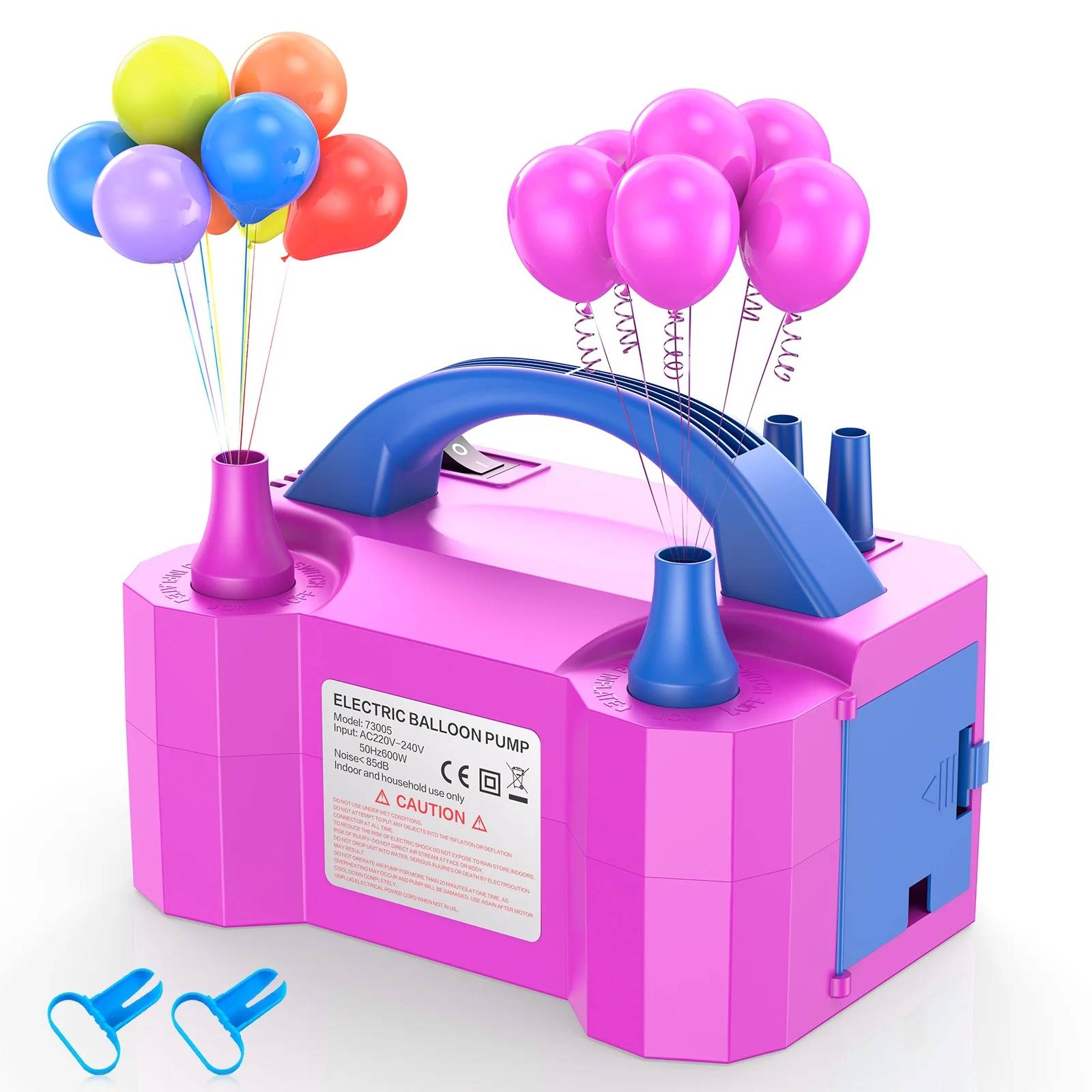 delpattern Balloon Inflator, Balloon Pump, 110V 600W Power Electric Balloon Inflator.
Portable Dual Nozzle Electric Balloon Blower Air Pump Balloon Inflator is safe and effective to use. The air pump uses an air-inflated ball, so it is safe, but the balloon cannot fly, does not use potentially dangerous hydrogen or helium. You can easily build balloon columns and balloon arches, reduce the time needed to set up balloon decoration activities, Perfect for party decorations, anniversary decorations, graduation decorations, party, wedding, birthday, baby shower, graduation, Christmas, and any special celebration activity. Take little time to decorate the party at home or anywhere you want.

Features：
?? Super Easy and Fast, Inflating Balloons with 2 Seconds.
??This air balloon pump for balloons is designed with two operation modes, automatic and semi-automatic.
?? The appearance of balloon inflators are light weigh and portable designed.
??This balloon blower is great for party, wedding, birthday, baby shower, graduation, Christmas, anniversary and any special celebration activity.

Item Dimensions: 7.8 in x 5.2 in x 6.2 in
Item Weight: 2.3 lb
Material: Plastic Input voltage: 110-120 V
Motor Power: 600 W
Pressure: 1300 Pa
Inflation Rate: 750 (L/min)
Frequency: 50/60Hz

Package Included:
1 x Electric balloon pump
1 x User Manual
2 x Tying Tools