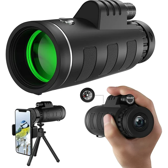 ✅Juyafio 40X60 High Definition Monocular Telescope for Smartphone. Our topvision telescope equipped with a full 40x magnification and FMC lens provides you with a clearer and Bright of view.Perfect for hiking,hunting,climbing,bird watching,concerts,watching wildlife and scenery.
✅This telescopes for adults and kids, weighs only 0.5 Pounds, and you can easily take it anywhere. and this Single Hand Using Monocular can be operated with one hand for smoother, more accurate and more durable focus.
✅The rubber armor with stripes makes it comfortable for use and keeps it from slipping out from your hand.Perfect for travel and outdoor adventures.

Specification
Focus type:Manual Focus
Objective Lens: 60MM
Ocular Lens: 22MM
Field of View:275 FT / 1000YDS
Eye Relief: 4.2mm
Waterproof method: IPX7
Weight: 0.5 Pounds
Field of View angle: 5.8°
Lens coating: FMC
Prism:BAK4（20mm）
Size:158mm*70mm
Magnification: 40X
Package Dimensions ‏ : ‎ 6.69 x 3.94 x 3.03 inches; 8 Ounces

Packing List:
1*Phone Holder
1*Adjustable Metal Tripod
1*Lens Covers
1*Hand Strap
1*Cloth Bag
1*Cleaning Cloth
1*User Manual