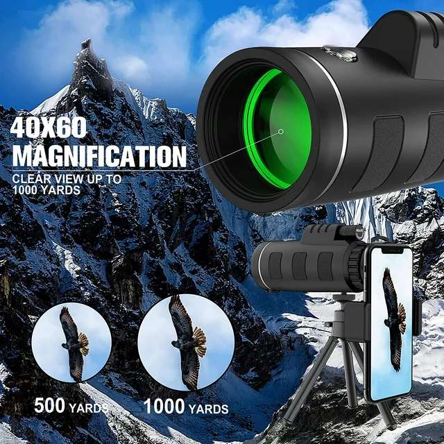 ✅Juyafio 40X60 High Definition Monocular Telescope for Smartphone. Our topvision telescope equipped with a full 40x magnification and FMC lens provides you with a clearer and Bright of view.Perfect for hiking,hunting,climbing,bird watching,concerts,watching wildlife and scenery.
✅This telescopes for adults and kids, weighs only 0.5 Pounds, and you can easily take it anywhere. and this Single Hand Using Monocular can be operated with one hand for smoother, more accurate and more durable focus.
✅The rubber armor with stripes makes it comfortable for use and keeps it from slipping out from your hand.Perfect for travel and outdoor adventures.

Specification
Focus type:Manual Focus
Objective Lens: 60MM
Ocular Lens: 22MM
Field of View:275 FT / 1000YDS
Eye Relief: 4.2mm
Waterproof method: IPX7
Weight: 0.5 Pounds
Field of View angle: 5.8°
Lens coating: FMC
Prism:BAK4（20mm）
Size:158mm*70mm
Magnification: 40X
Package Dimensions ‏ : ‎ 6.69 x 3.94 x 3.03 inches; 8 Ounces

Packing List:
1*Phone Holder
1*Adjustable Metal Tripod
1*Lens Covers
1*Hand Strap
1*Cloth Bag
1*Cleaning Cloth
1*User Manual