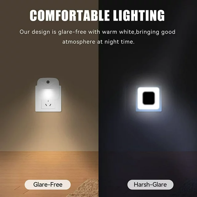 The delpattern LED night light gives off the right amount of light at night, illuminate all the obstacles in dark that could create a safety hazard. Perfect for bathroom trips and hallways in the middle of night, you will never walk around blindly in the dark,not harsh on your eyes and not having to turn the head lights on at night and bothers others; ideal for kids' room, hallway, bedroom, nursery, staircase and more.Unique Acrylic material, clean and square design, makes the night light very subtle, nice and flat against the wall, do not stick out or clash with the decor. Also Wall Night Lights for Kids and Adult gives the house a cool modern feel, bright at night and very chic in the daytime.

Specifications:
Plug Type:US Plug
Type: White Light
Material: ABS
colour: White
size: ‎1.8"D x 1.8"W x 1.8"H
Input Voltage: 120VAC 60HZ
Wattage: Max 0.5W
Color Temperature: 9000K
Lifespan: 30000 Hours

Packing List:
4 x LED Night Light