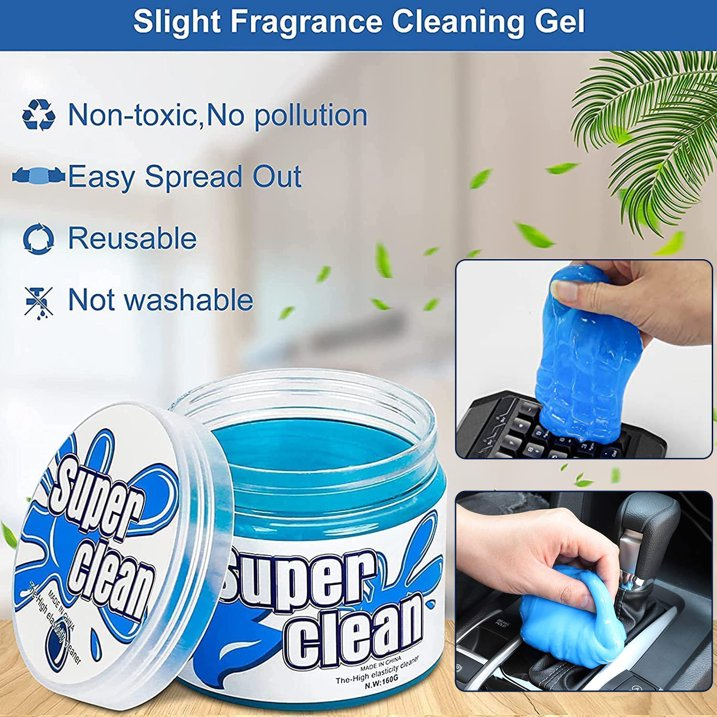 Specification
Size: 3.3*3.3*2.4in
Weight: 0.46lb
Color: Blue
Material: Water-based resin

Features
【Perfect for Car Cleaning】Dust cleaning gel for car is perfect for cleaning the nooks and crannies in your car or truck. Cleaning car gel cleaner is super great to get into the vents and little crevices on the car air vents, steering wheels, console panel, storage bins, cup holder, door handles, dashboards to pick up the dirt.
【Reusable】This car cleaning gel can be used multiple times until the gel darkens. After use, store in a sealed box in a cool, dry place. ( Note: Do not wash all-purpose cleaning gel with water. )
【Easy to Use】Car interior cleaning kit is ideal for cleaning gaps and cavities. Just take a small piece of cleaning gel, pour it on the keyboard, computer and other places, gently roll or press for about 3-5 seconds, and then slowly pull up, You will find that the dusty place become very clean.
【Safe and Eco-friendly】Car cleaning gel is made of biodegradable gel material. Cleaning glue for car is safe to your skin and friendly to the environment. Cleaning goo removes all dust and debris and leaves no residue.
【Multiple Uses】Car putty is also useful for home and office, PC keyboard and other rugged surface cleaning such as printer, cell phone, calculator, TV remote and furniture. The suitable surface must be water resistant, or the cleaning putty would stick to it.
