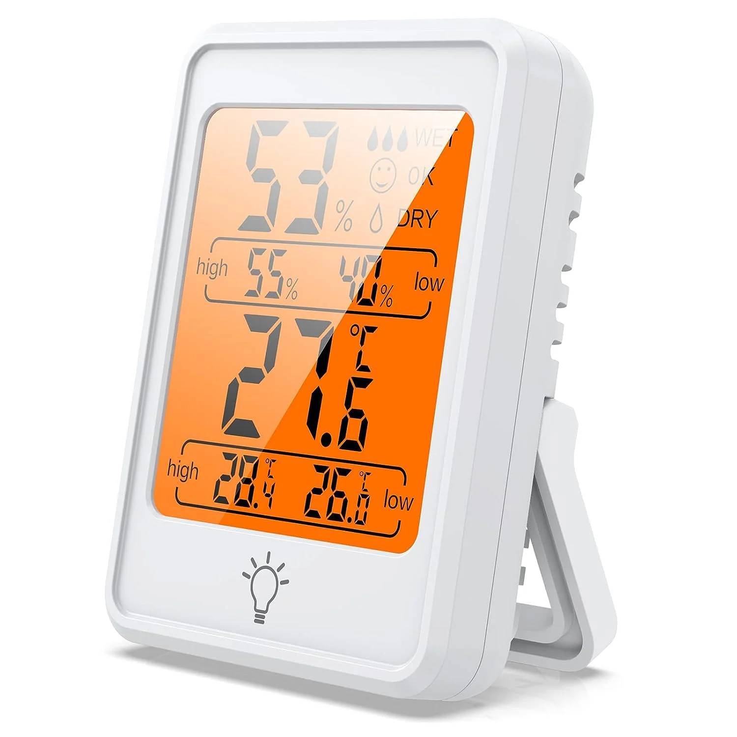 ✅ delpattern Indoor Digital Thermometer, Touch LCD Portable Hygrometer with Temperature, humidity meter and temperature gauge.

✅ Maintaining proper indoor humidity has important skin, allergy, and other health benefits by inhibiting the growth of mold, bacteria, viruses, fungi, mites, and various asthma triggers. The Digital thermometers for inside and outside allows you to check comfort conditions at a glance with this indoor humidity and thermometer combination. Requires two AA batteries to operate. This hygrometer indoor humidity can either be displayed on a tabletop. The display shows the highest and lowest temperature and humidity readings recorded in your indoor environment over the past 24 hours.

✅ The hygrometer thermometer and Humidity Monitor is simple to use and features a variety of mounting options. Stands upright for tabletop use and offers a magnetic backing for easy placement on metal surfaces such as your refrigerator.