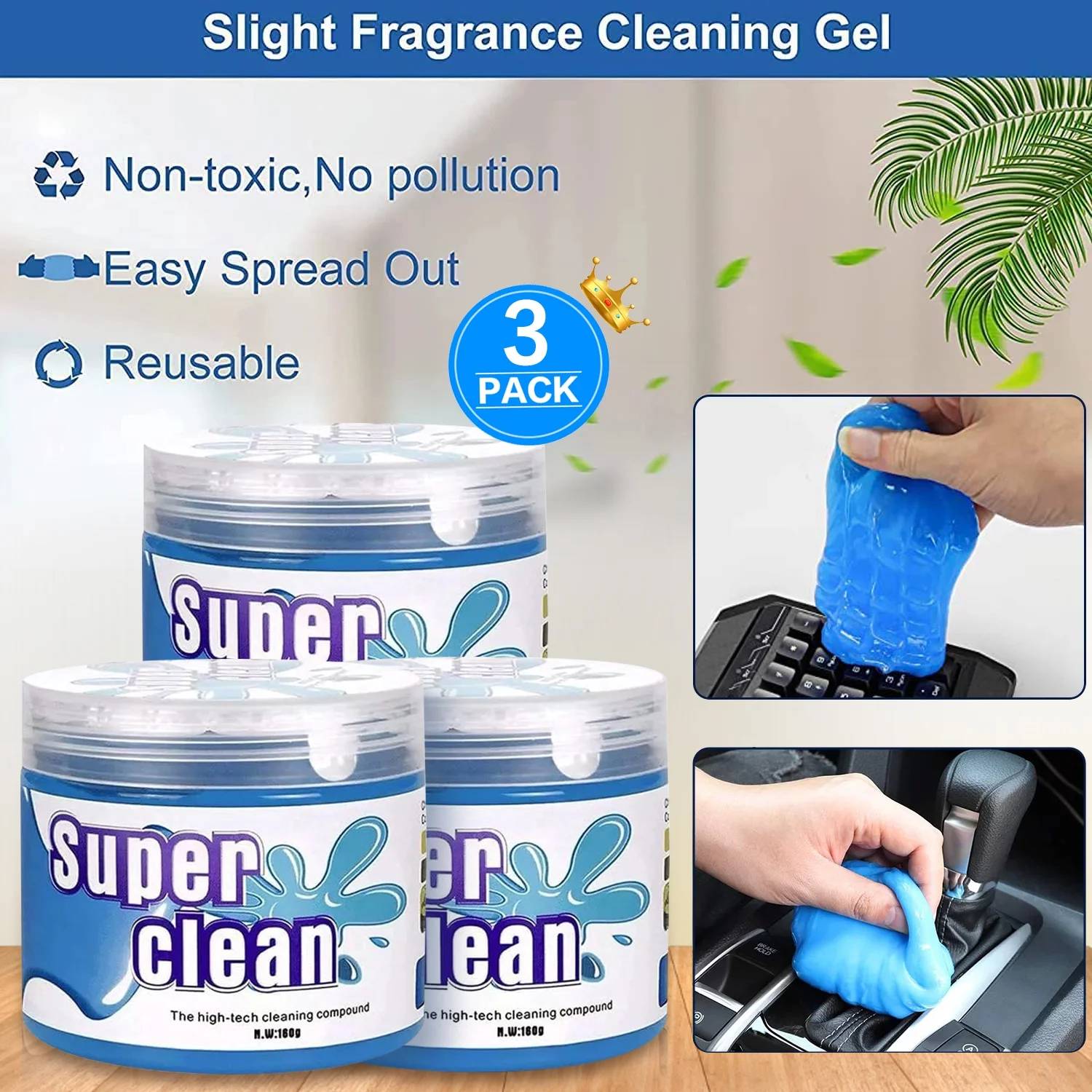 Features
【Perfect for Car Cleaning】Dust cleaning gel for car is perfect for cleaning the nooks and crannies in your car or truck. Cleaning car gel cleaner is super great to get into the vents and little crevices on the car air vents, steering wheels, console panel, storage bins, cup holder, door handles, dashboards to pick up the dirt.
【Reusable】This car cleaning gel can be used multiple times until the gel darkens. After use, store in a sealed box in a cool, dry place. ( Note: Do not wash all-purpose cleaning gel with water. )
【Easy to Use】Car interior cleaning kit is ideal for cleaning gaps and cavities. Just take a small piece of cleaning gel, pour it on the keyboard, computer and other places, gently roll or press for about 3-5 seconds, and then slowly pull up, You will find that the dusty place become very clean.
【Safe and Eco-friendly】Car cleaning gel is made of biodegradable gel material. Cleaning glue for car is safe to your skin and friendly to the environment. Cleaning goo removes all dust and debris and leaves no residue.
【Multiple Uses】Car putty is also useful for home and office, PC keyboard and other rugged surface cleaning such as printer, cell phone, calculator, TV remote and furniture. The suitable surface must be water resistant, or the cleaning putty would stick to it.