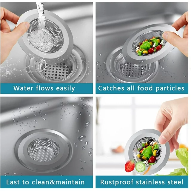 FITS MOST SINKS: Bchangss sliver sink catcher for drain kitchen, fits standard 3.5" sink drains; Outer diameter is 4.57"; inner mesh filter basket is 2.6" wide; depth: 1.02", fits most sink drains and garbage disposal drains;.

EASY TO CLEAN: The Juyafio Drain Catches for sink easily lifts out to empty and clean. Dishwasher safe. Clean with water and soap;

EFFECTIVE ANTI-CLOGGING: This sink drain strainer for kitchen sink hole allows water and other liquids to flow freely while catching unwanted food and debris particles, because micro mesh only allows the smallest particles through the 2.00mm diameter holes;

STRONG DURABILITY: Drain strainer is made of sturdy stainless steel, rust-free;

Specification:
Mesh strainer sizes
Outer diameter: 11.6cm/4.57inch.
Inner filter: 6.6cm/2.6inch.
Depth: 2.6cm/1.02inch.
Holes: 2mm diameter.

Multiple Uses:
Suitable for kitchen, bathroom, bathtub, shower room, toilet, Washbasin. A perfect tool to keep hair, residues, debris from clogging your sink drains. Make your housework easier, and make the world cleaner.